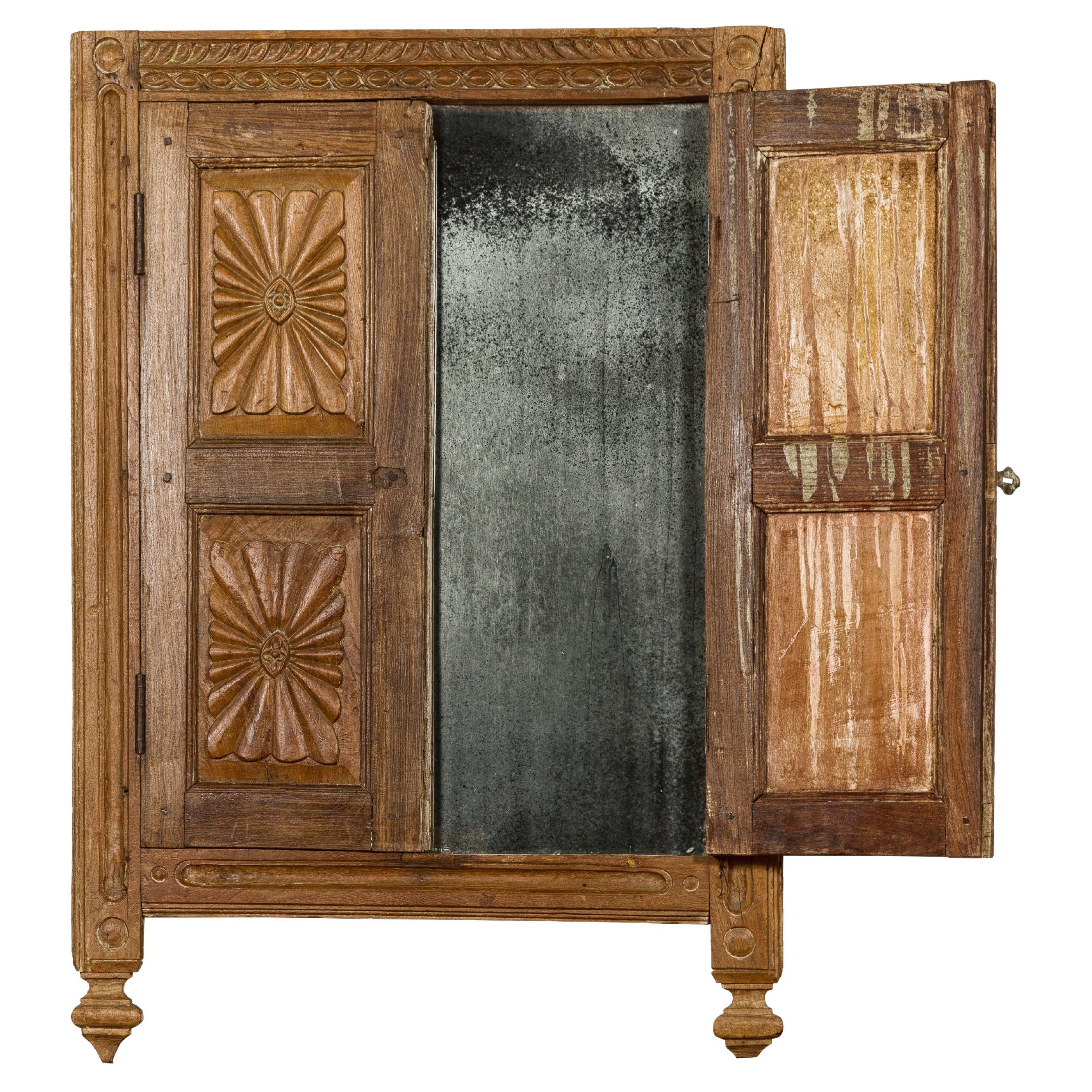 Carved Window from the 19th Century Retrofitted with Heavy Antiqued Mirror For Sale