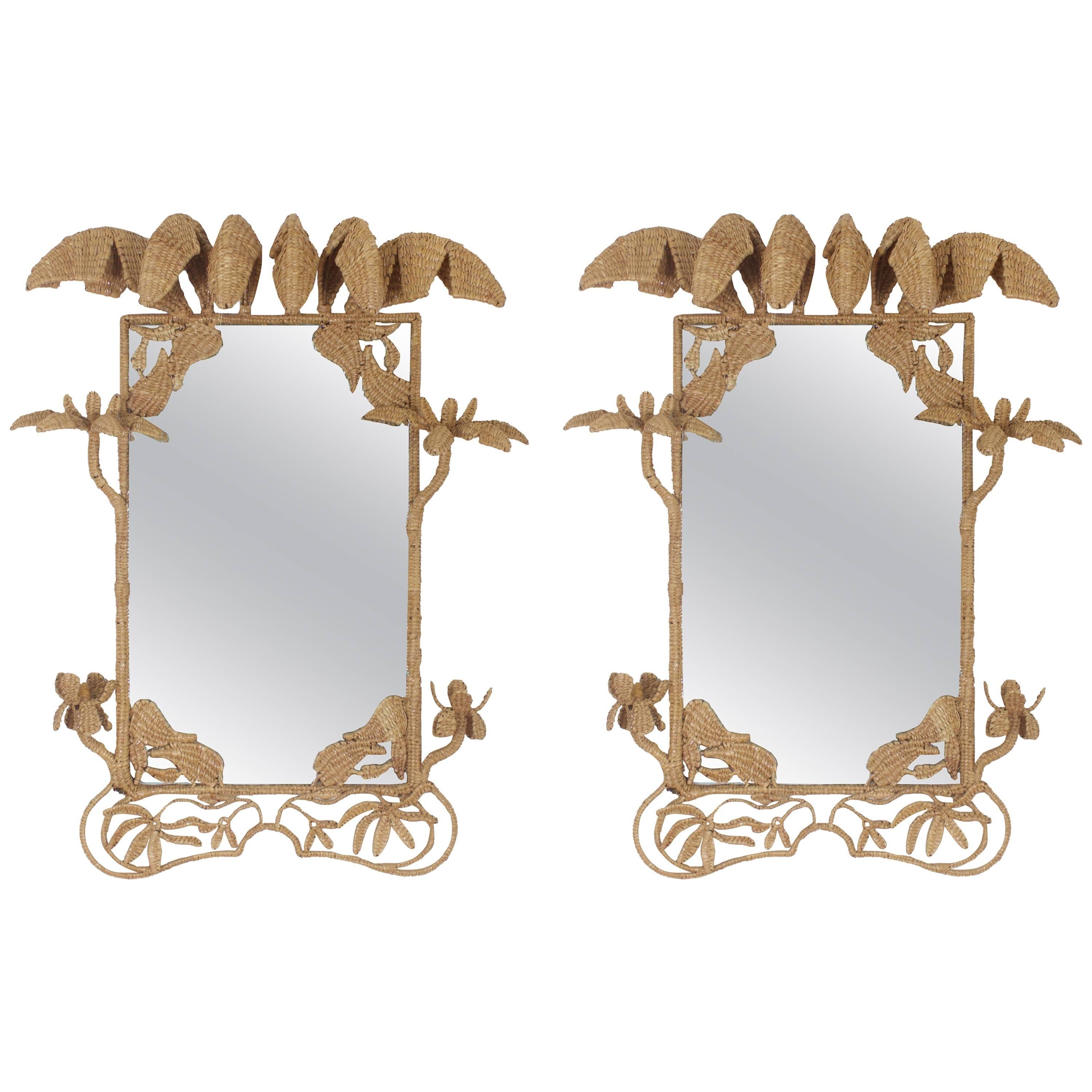 Pair of Mario Torres Mirrors with a Tropical Palm Motif