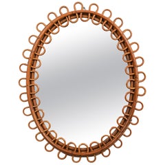 Rattan and Bamboo Oval Wall Mirror in the Style of Franco Albini, Italy, 1960s