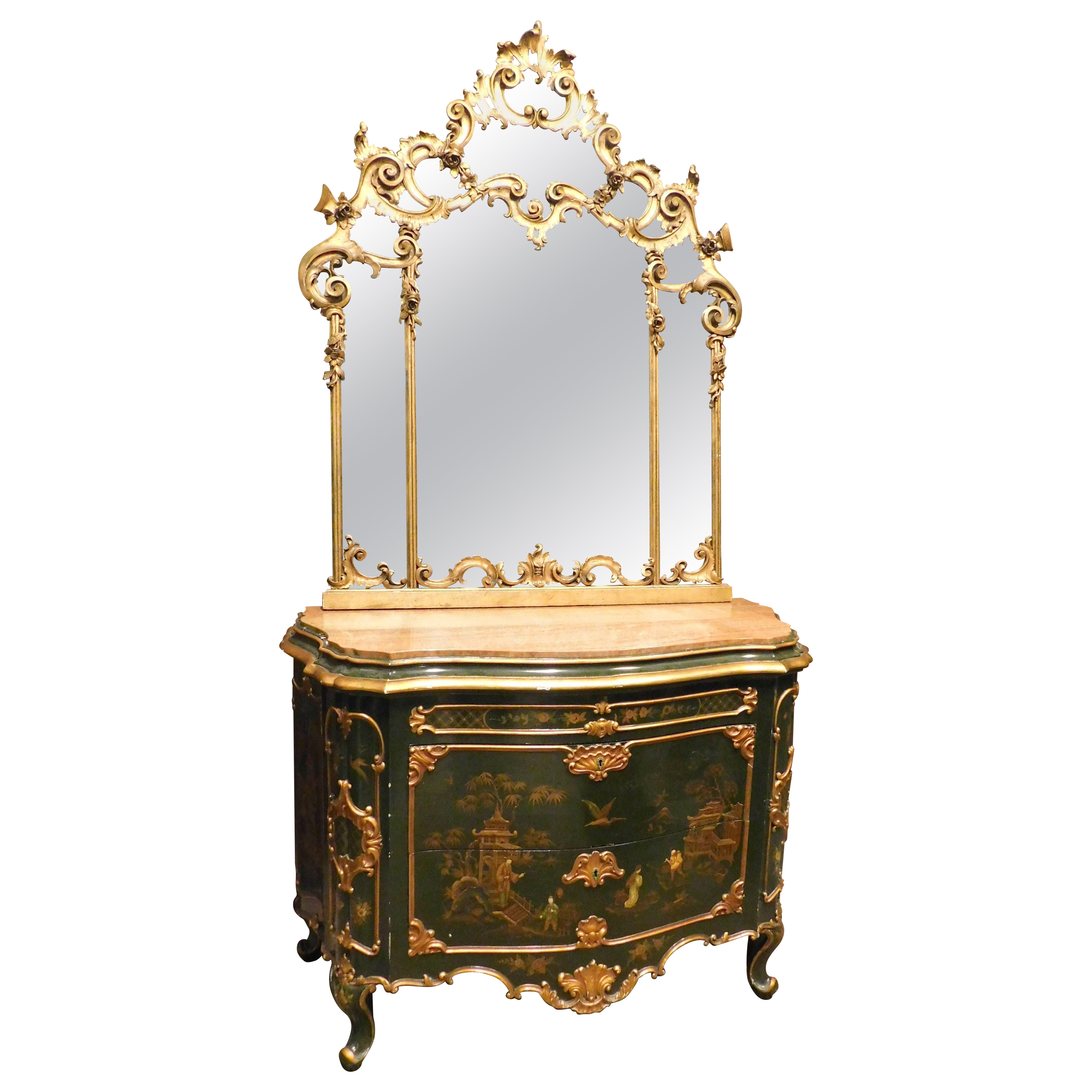 Commode vintage avec miroir, dorée avec chinoiserie peinte, Italie en vente