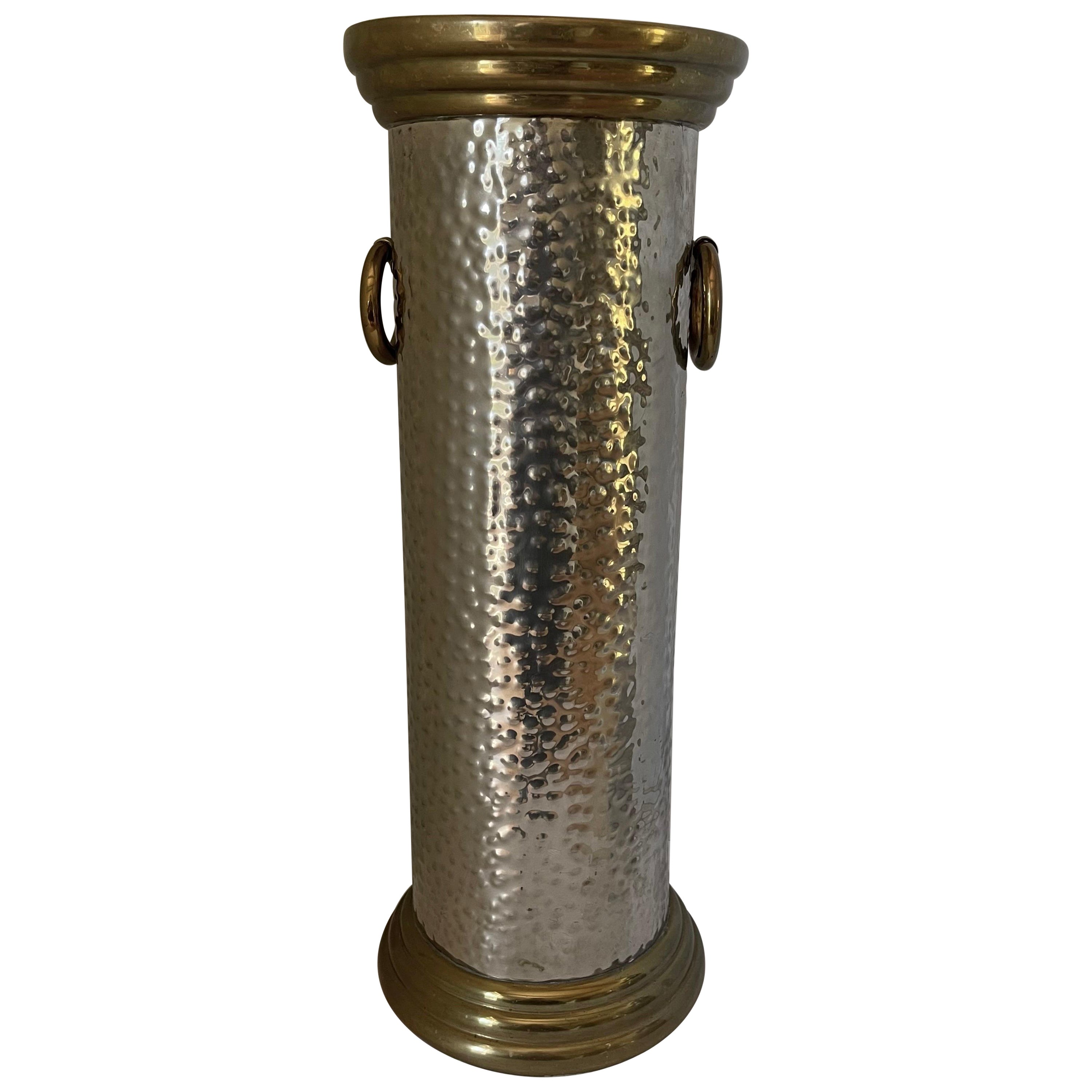 Hammered Brass & Silver Metal Tall Umbrella Stand For Sale