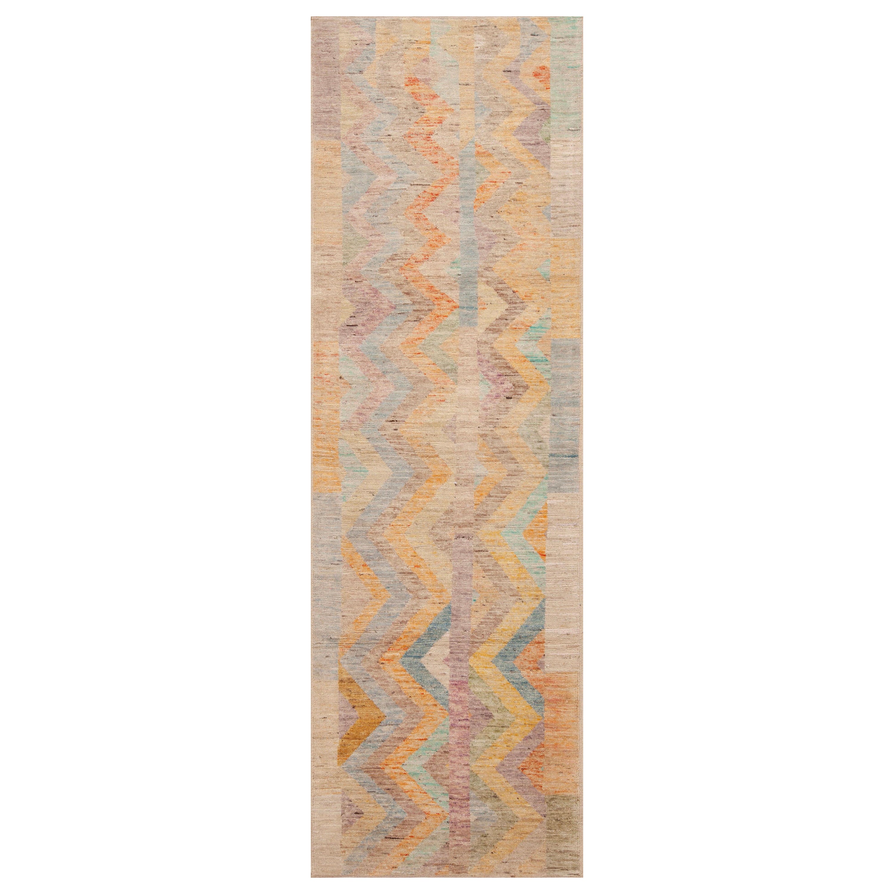  Nazmiyal Collection Colorful Tribal Geometric Chevron Runner Rug 3' x 9'7" For Sale
