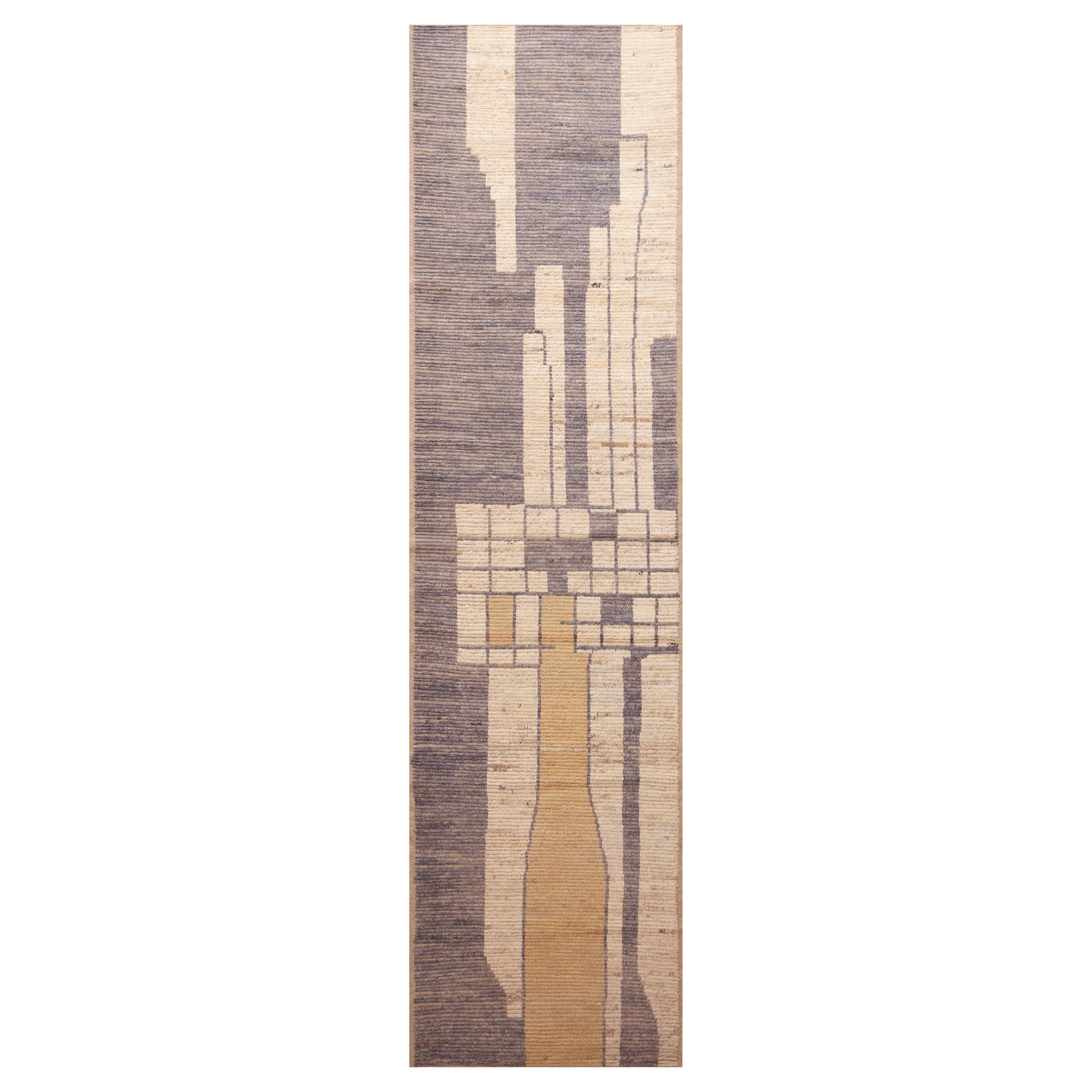 Collection Nazmiyal, tapis de couloir moderne tribal, géométrique et de couleur neutre, 3'4" x 13'