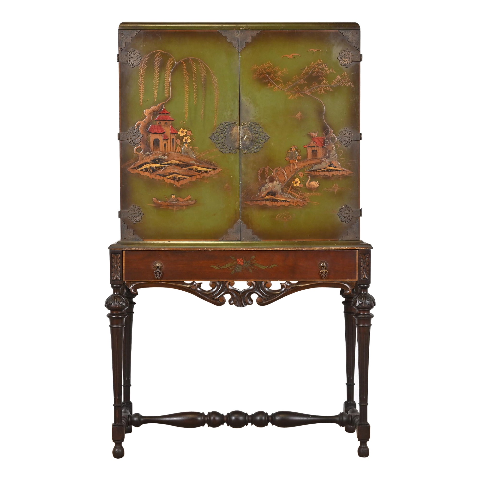 Chinoiserie Jacobean Hand Painted Bookcase or Bar Cabinet, Circa 1920s For Sale