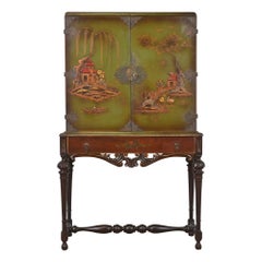 Chinoiserie Jacobean Hand Painted Bookcase or Bar Cabinet, Circa 1920s