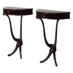 Pair of Ebonized Beech and Walnut Console Tables / Nightstands, Italy