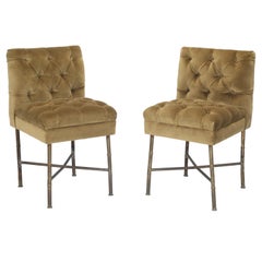 Unusual Pair of Bronze and Tufted Silk Velvet Chairs 