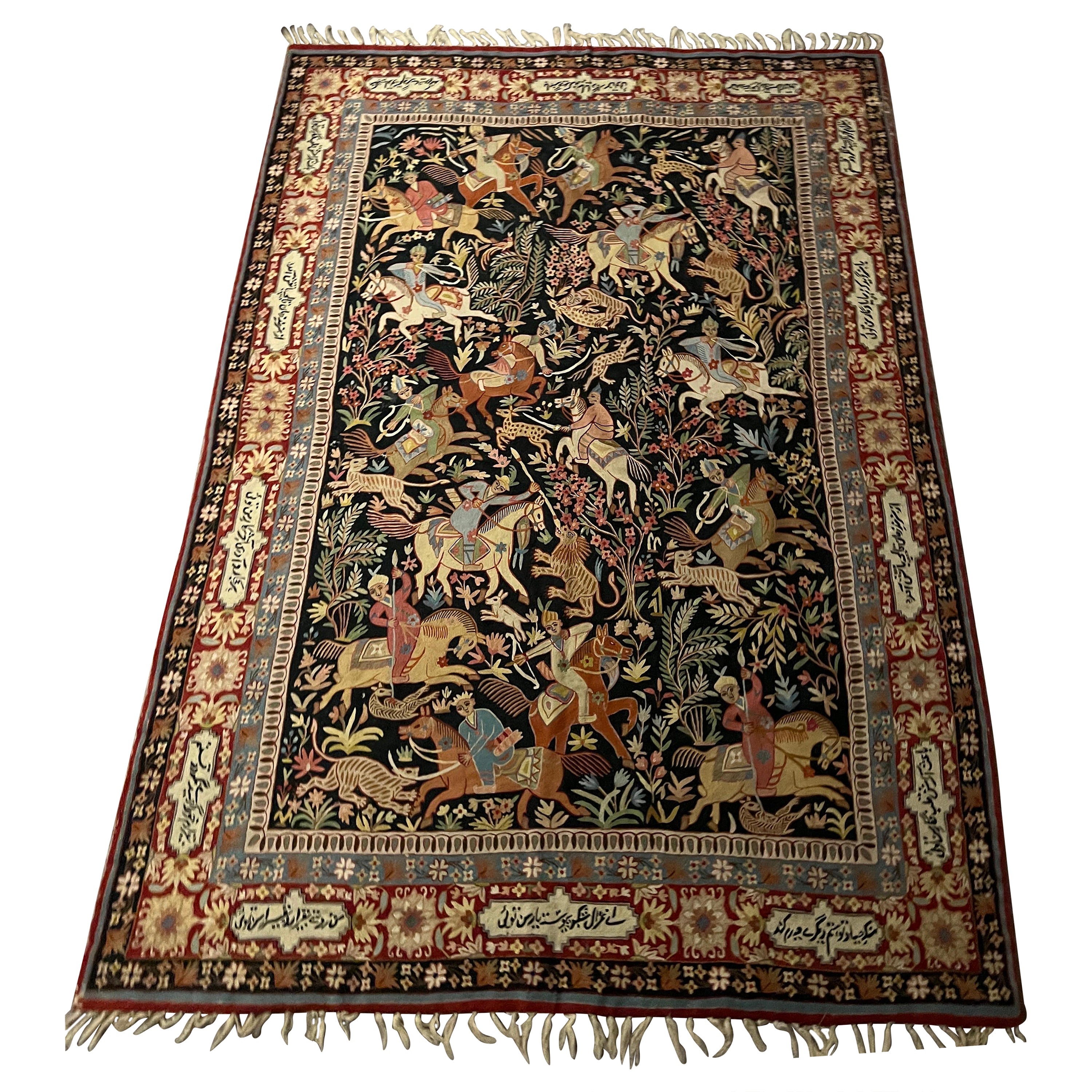 Vintage Indo-Persian Kashmiri Hand Woven Qum Design Hunting Scene Tapestry Rug For Sale