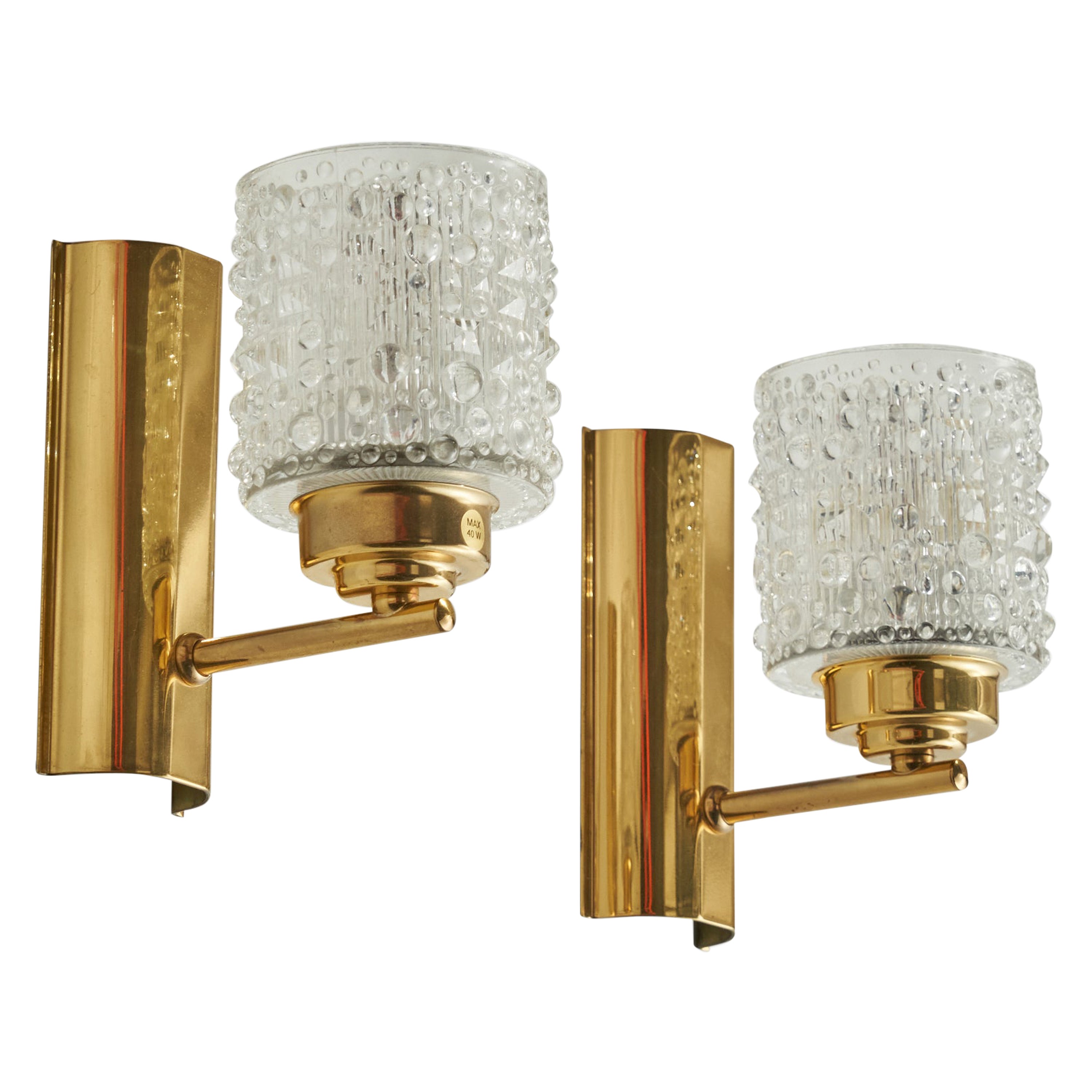 Swedish Designer, Wall Lights, Brass, Glass, Sweden, 1960s