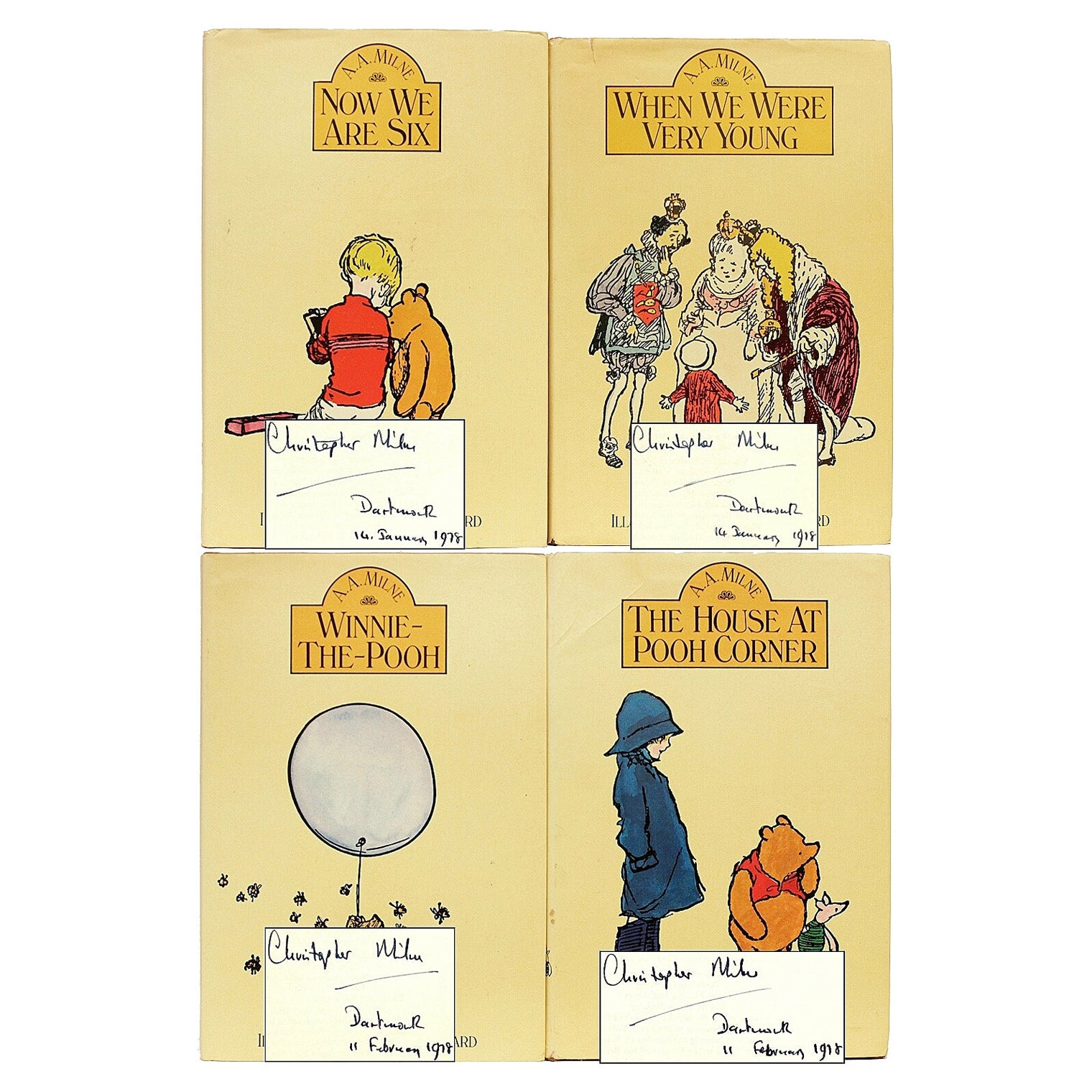 MILNE. The 4 Winnie The Pooh books EACH INSCRIBED BY CHRISTOPHER (ROBIN) MILNE !
