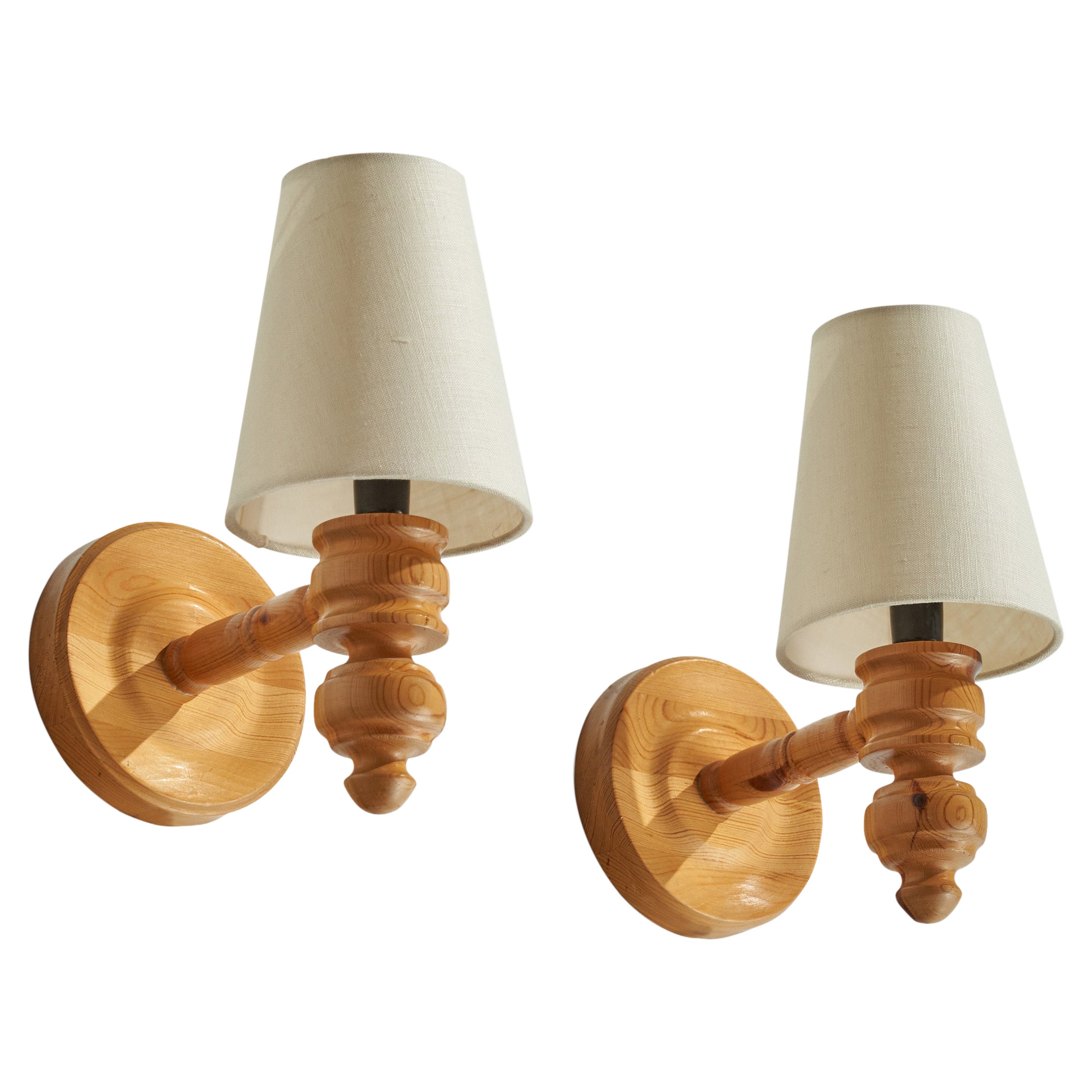 Swedish Designer, Wall Lights, Pine, Fabric, Sweden, 1970s