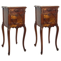 Pair Antique French Carved Walnut and Marble-Top Night Tables, Circa 1880's.
