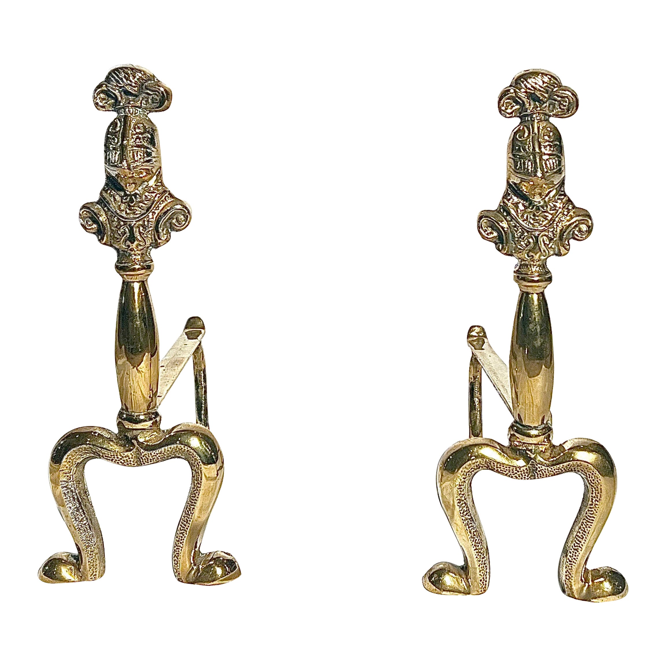 Pair Antique British Victorian Brass "Fire Dogs" or Andirons, Circa 1890's. For Sale