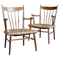 Pair of straw and wood armchairs 