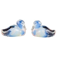 Sabino, France. Two ducks in Art Deco opaline art glass with a bluish tint. 