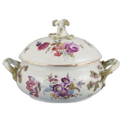 Meissen, Germany. Antique lidded tureen hand-painted with polychrome flowers.