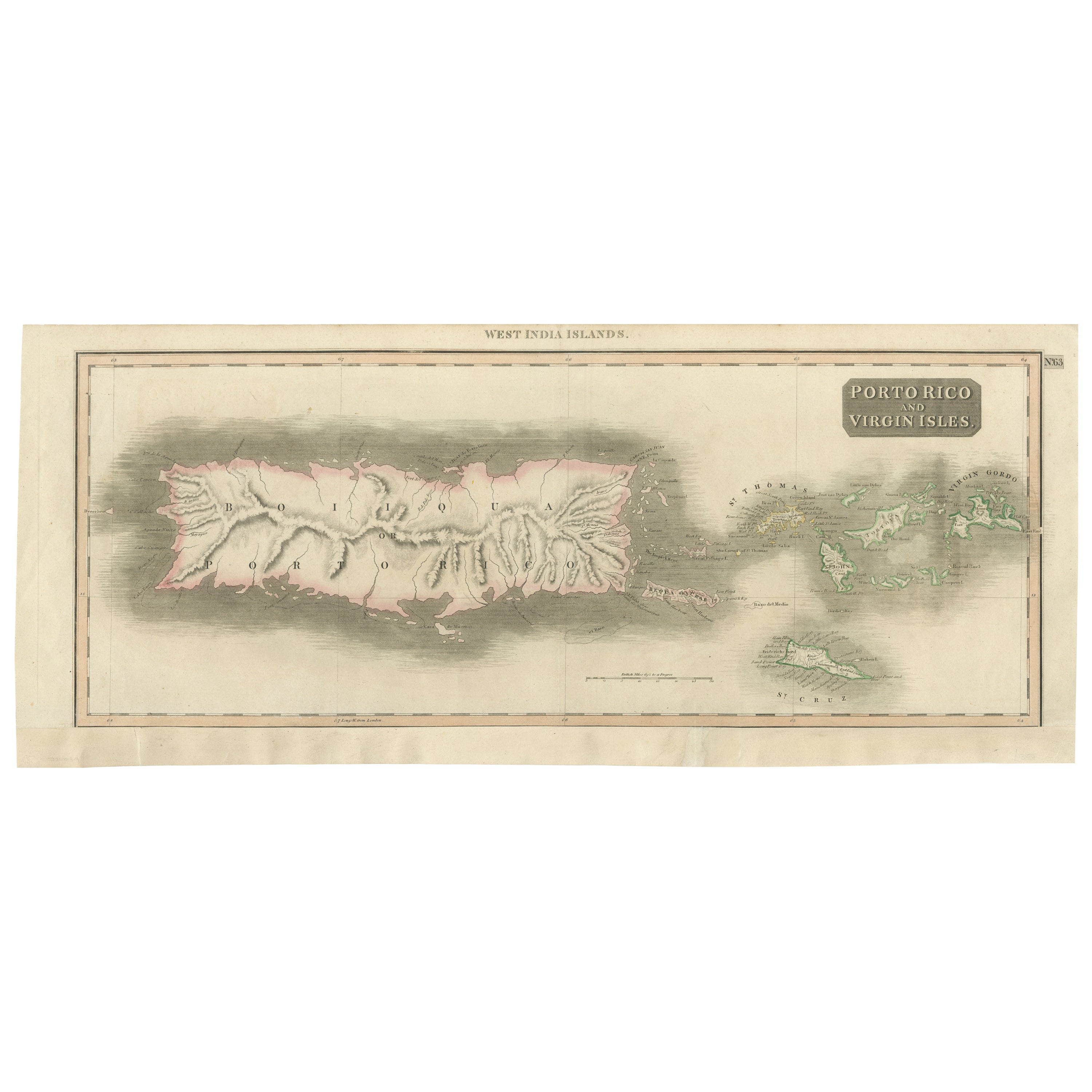 1817 Map of Puerto Rico and the Virgin Islands with Original Hand Coloring For Sale