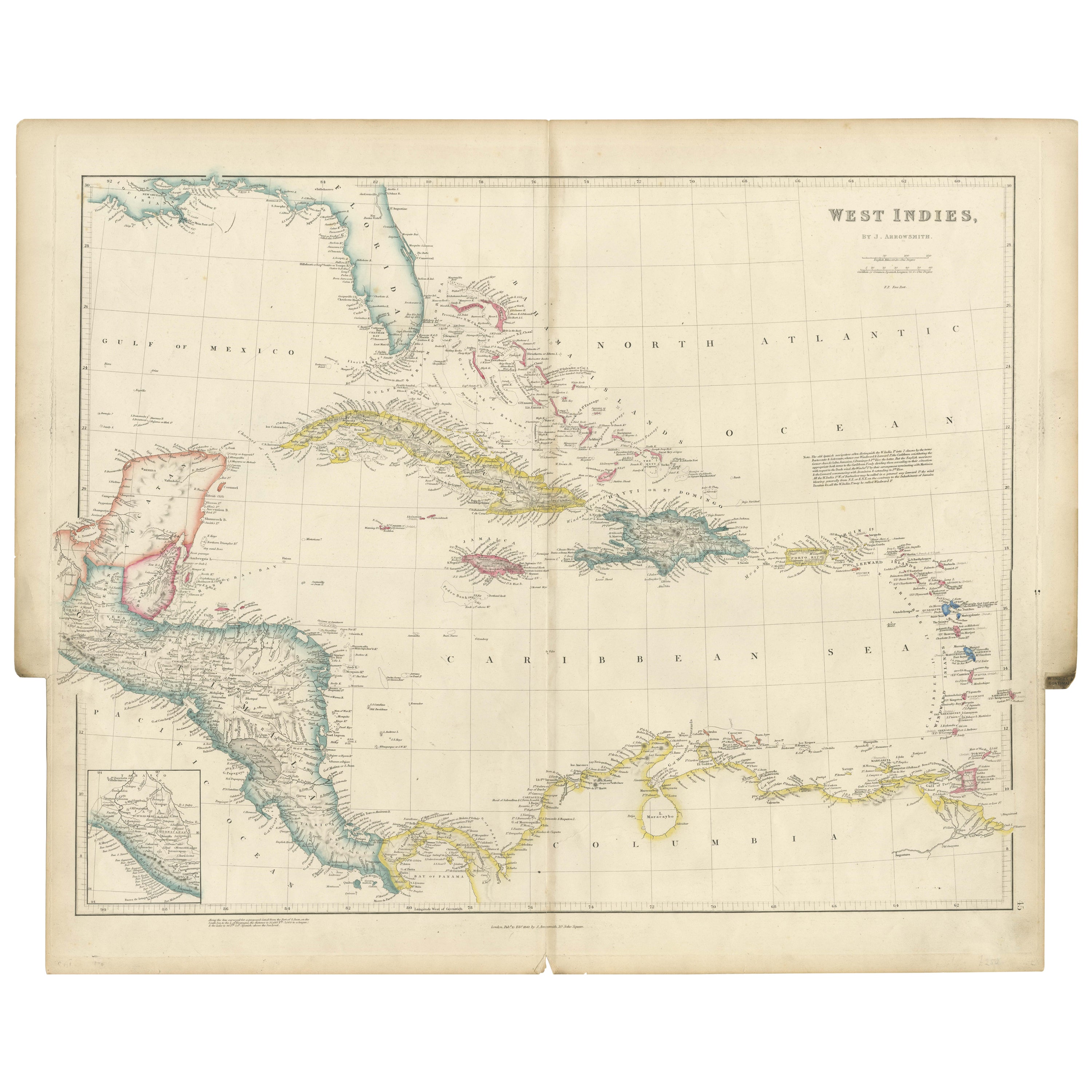 Original Antique Map of the West Indies by J. Arrowsmith, 1842 For Sale