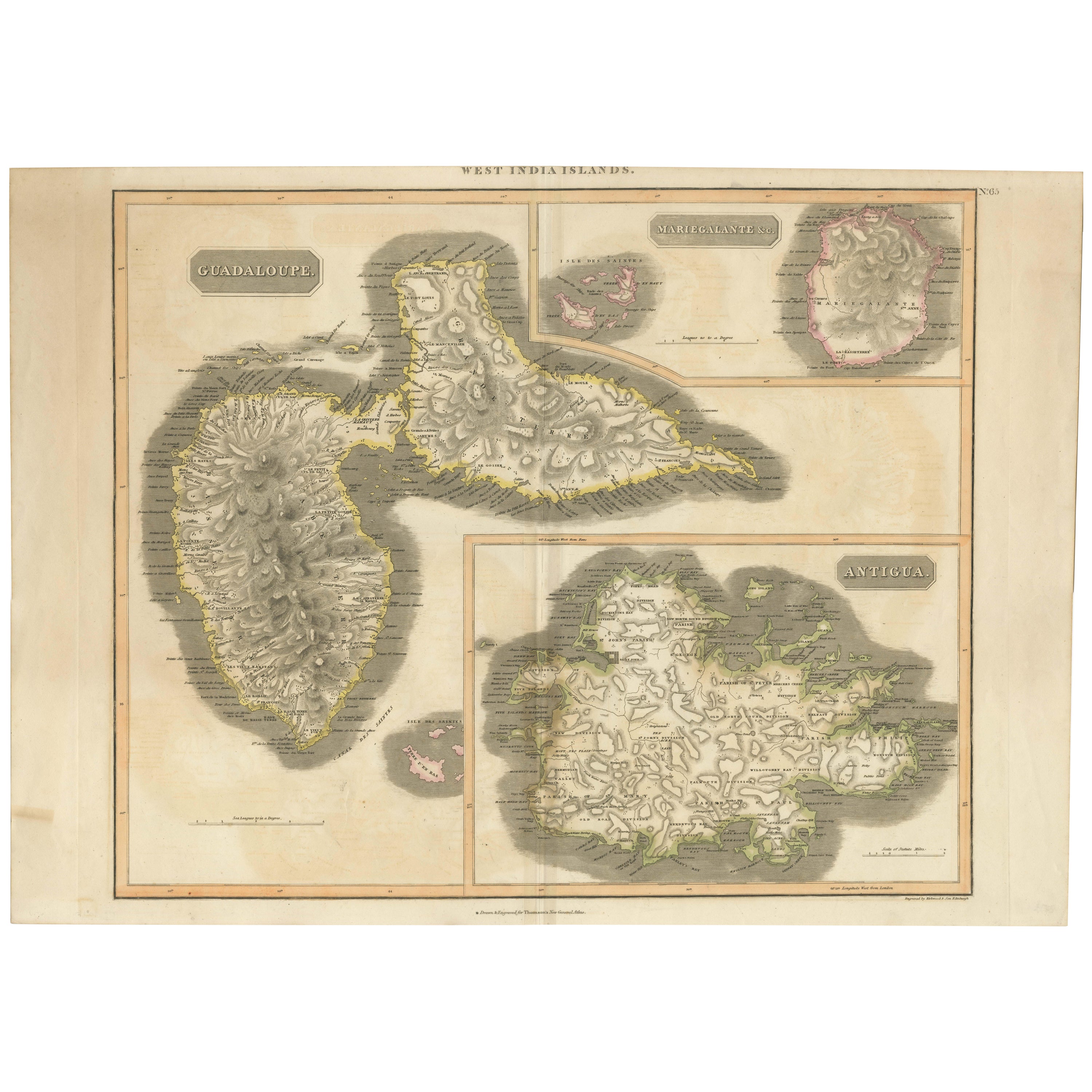 Large Antique Map of Guadeloupe and Antigua with Adjacent Isles, 19th Century