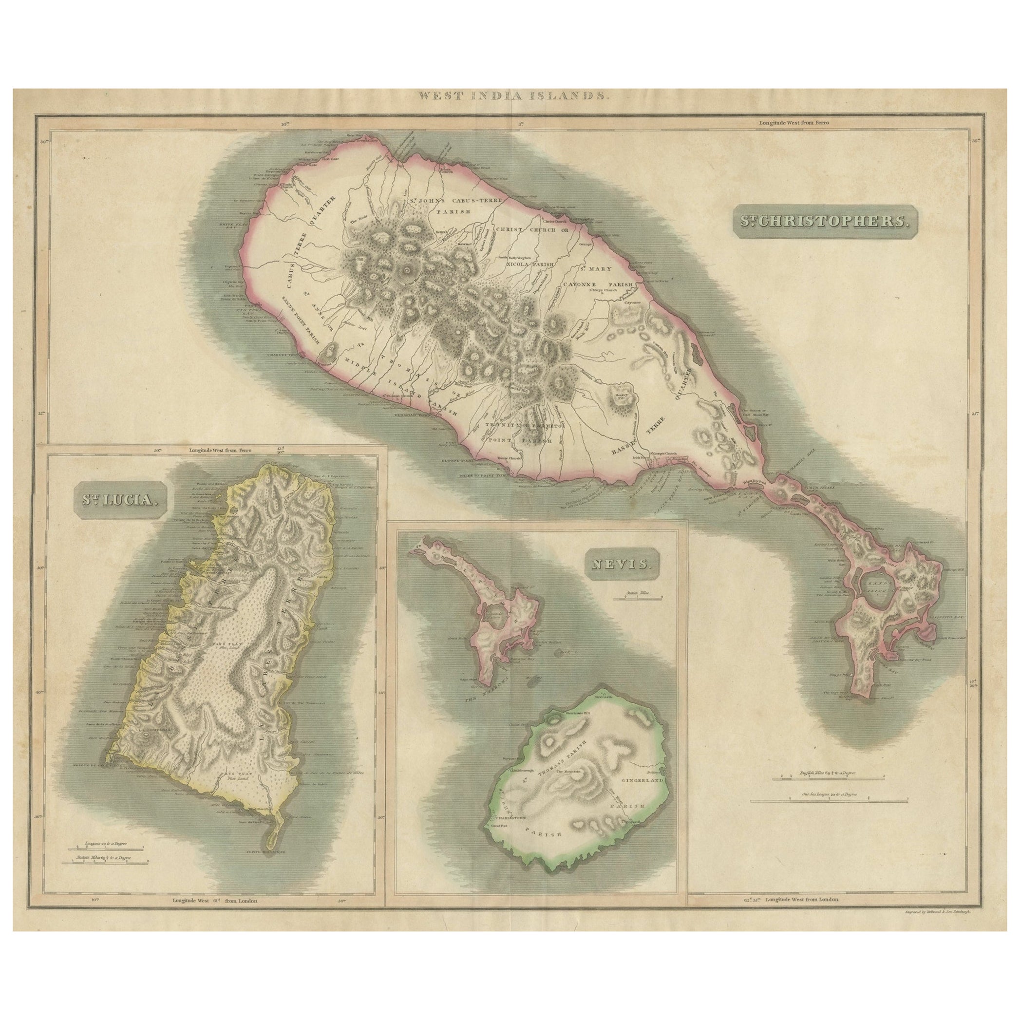 1817 John Thomson's Handcolored Antique Map of St. Kitts, Nevis, and St. Lucia  For Sale