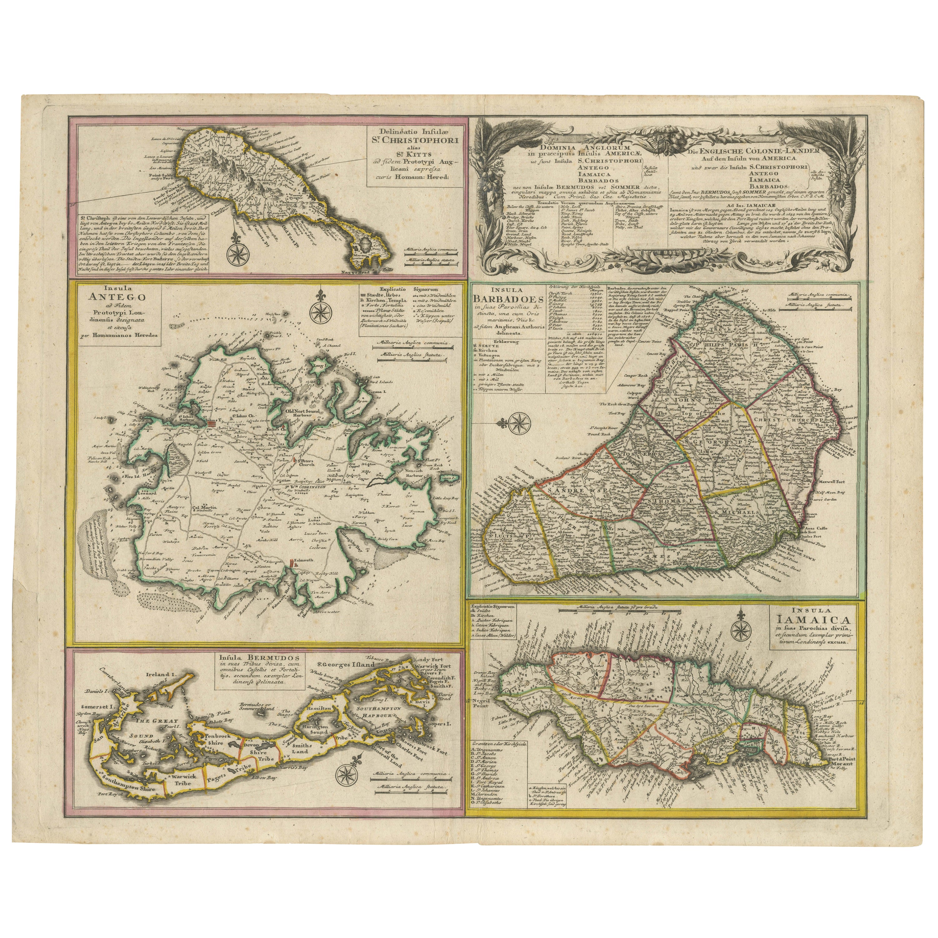 Antica mappa composita del XVIII secolo delle principali isole caraibiche con testi descrittivi
