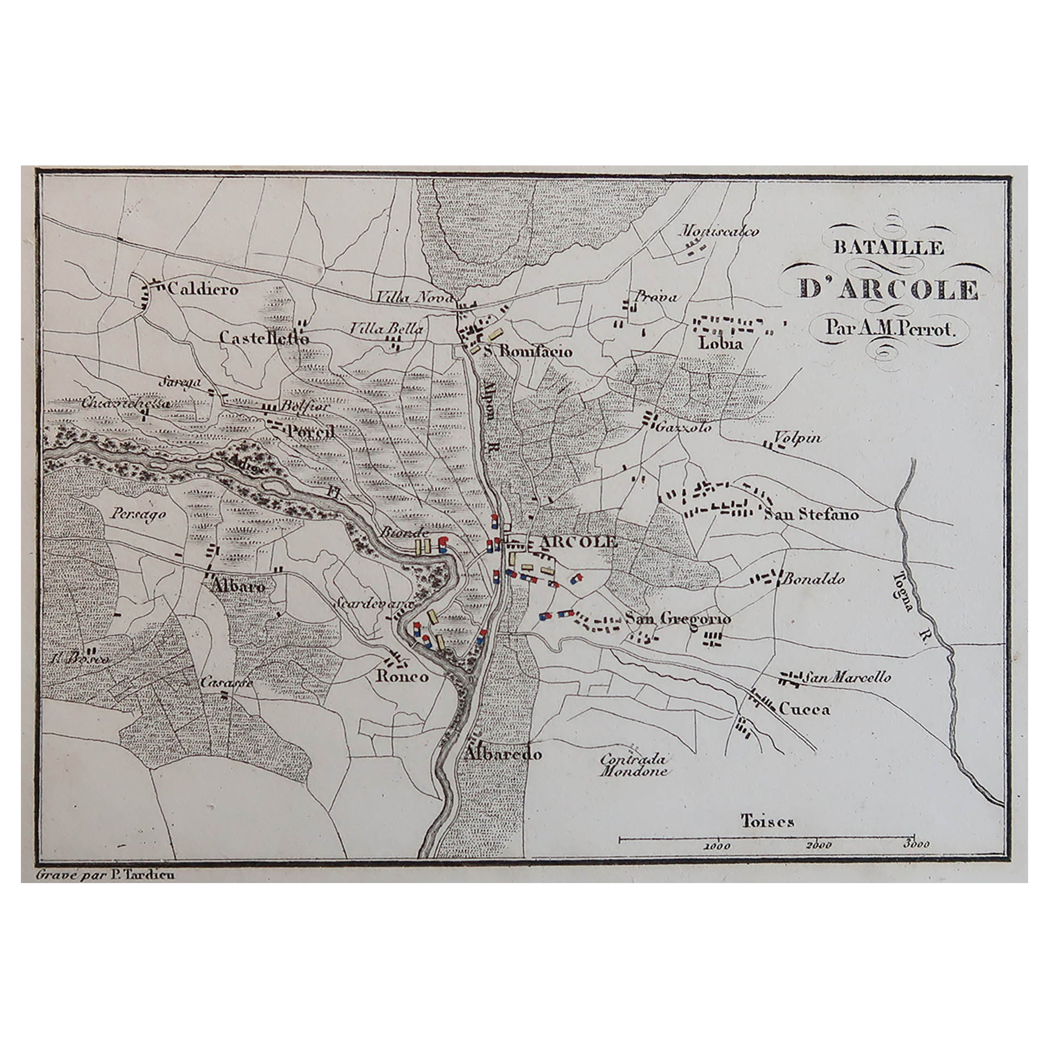 Original Antique Plan of The Battle of Arcole, Napoleon Bonaparte. Circa 1850
