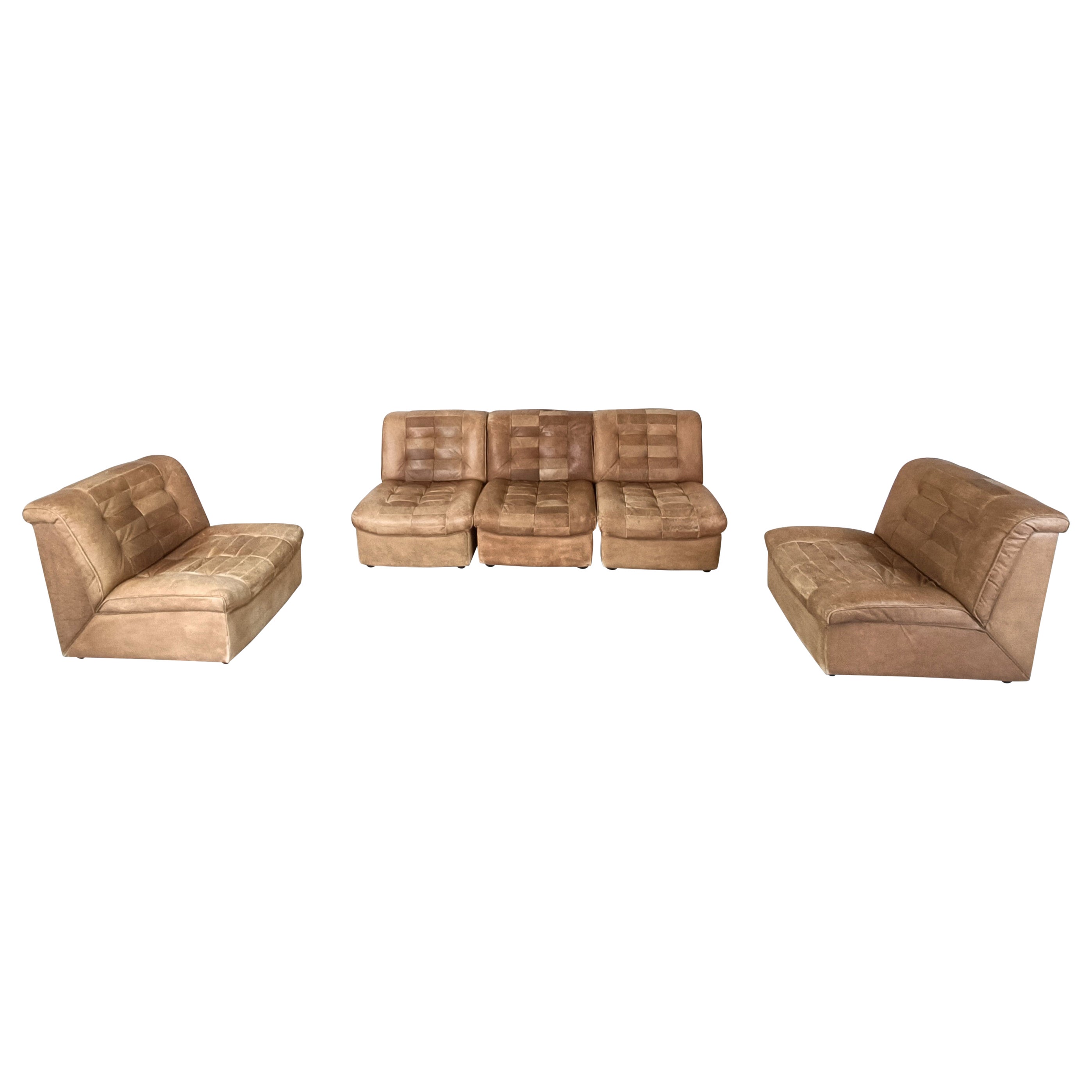 Vintage brown patchwork leather modular sofa, 1970s
