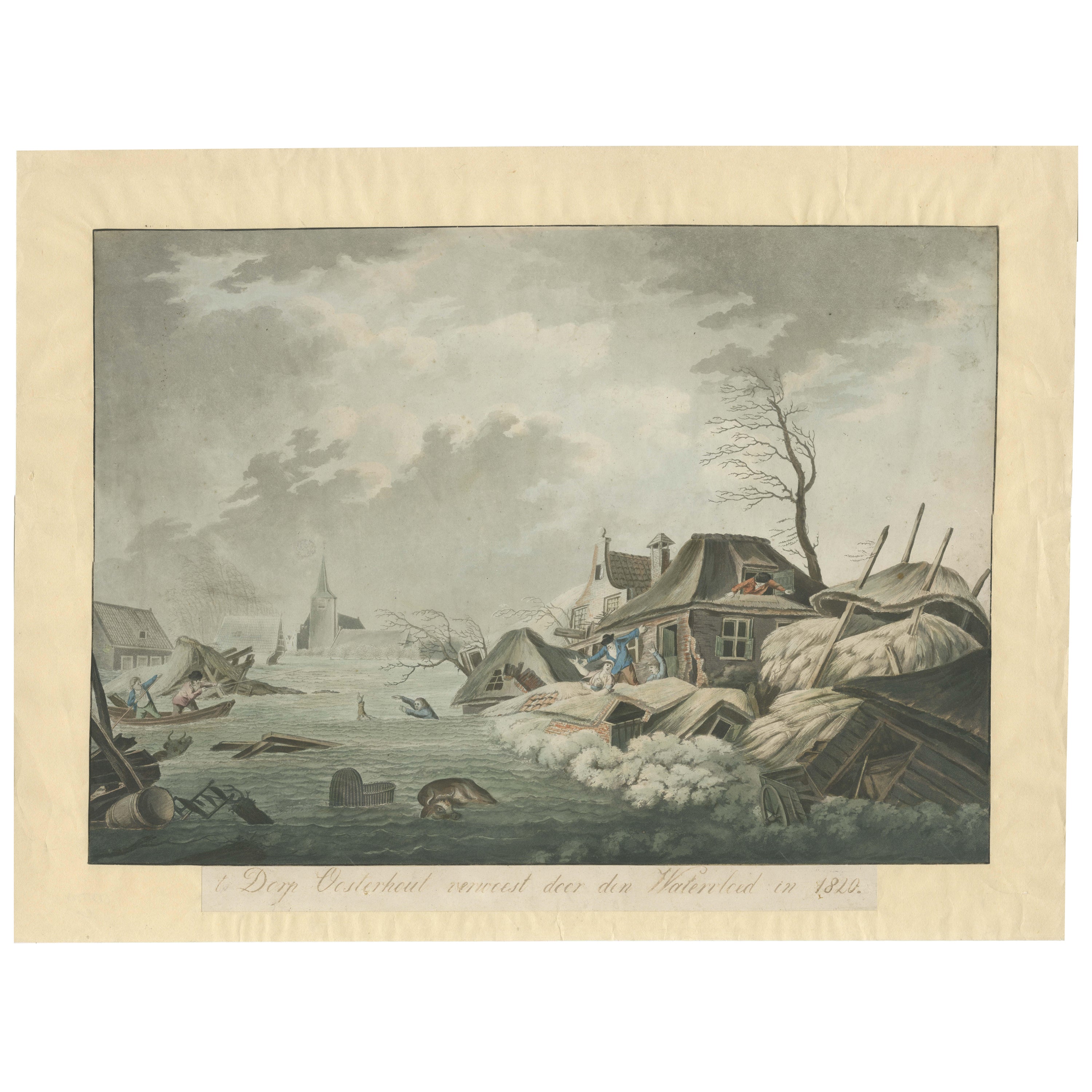1820 Flood Catastrophe in Oosterhout, Holland: A Historical Depiction For Sale
