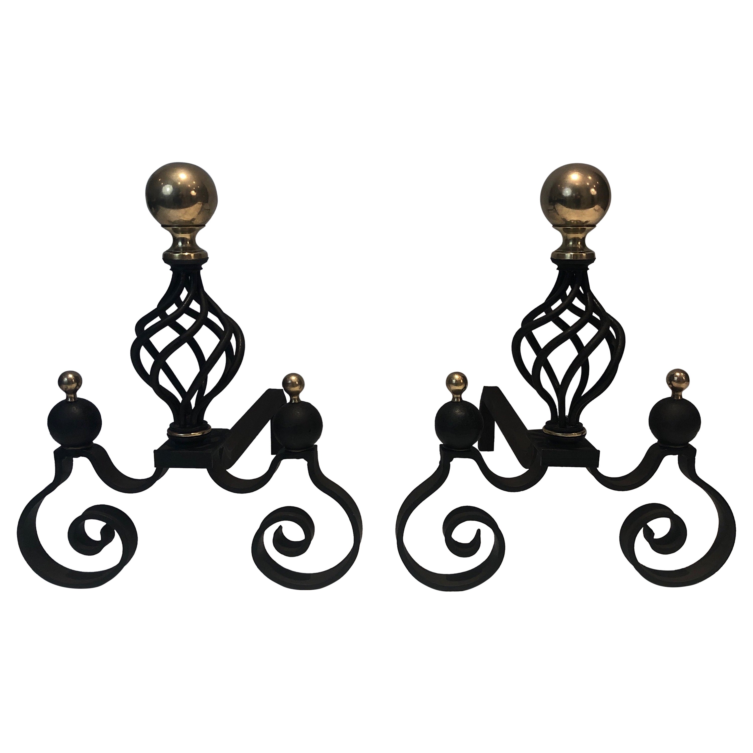 Pair of Wrought Iron and Brass Andirons For Sale