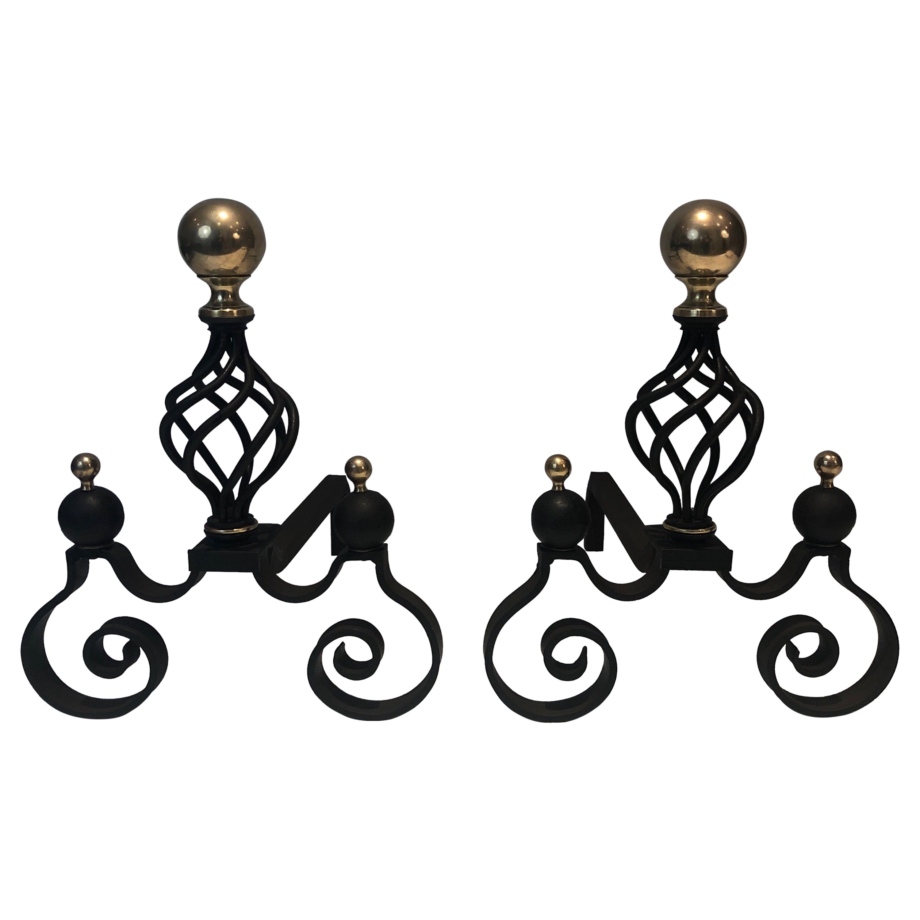 Pair of Wrought Iron and Brass Andirons