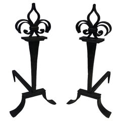 Important Pair of Wrought Iron Andirons with a Lily Flower