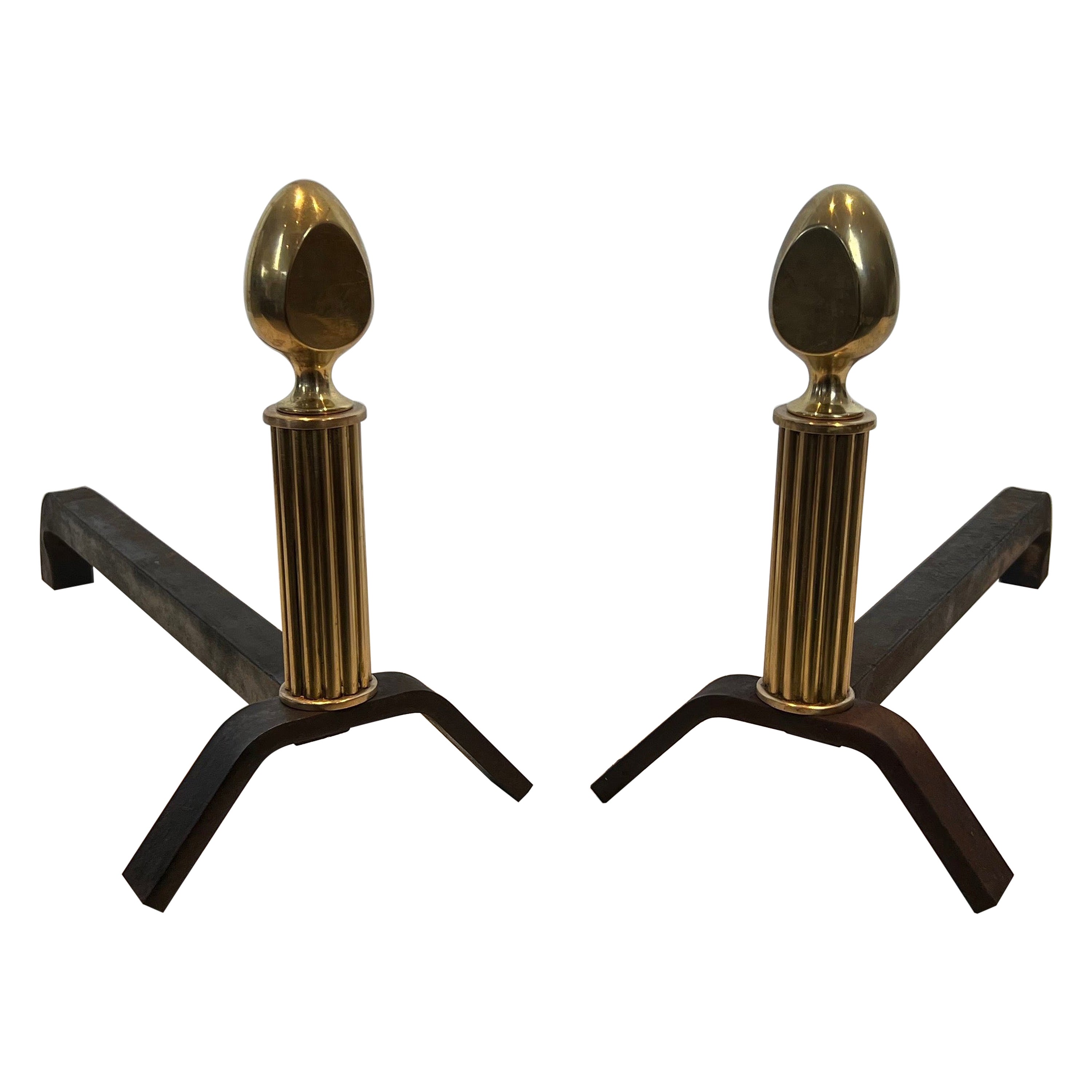 Pair of Neoclassical Style Brass and Wrought Iron Andirons For Sale
