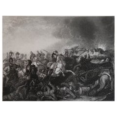 Grabado original antiguo de La batalla de Waterloo. Alrededor de 1850