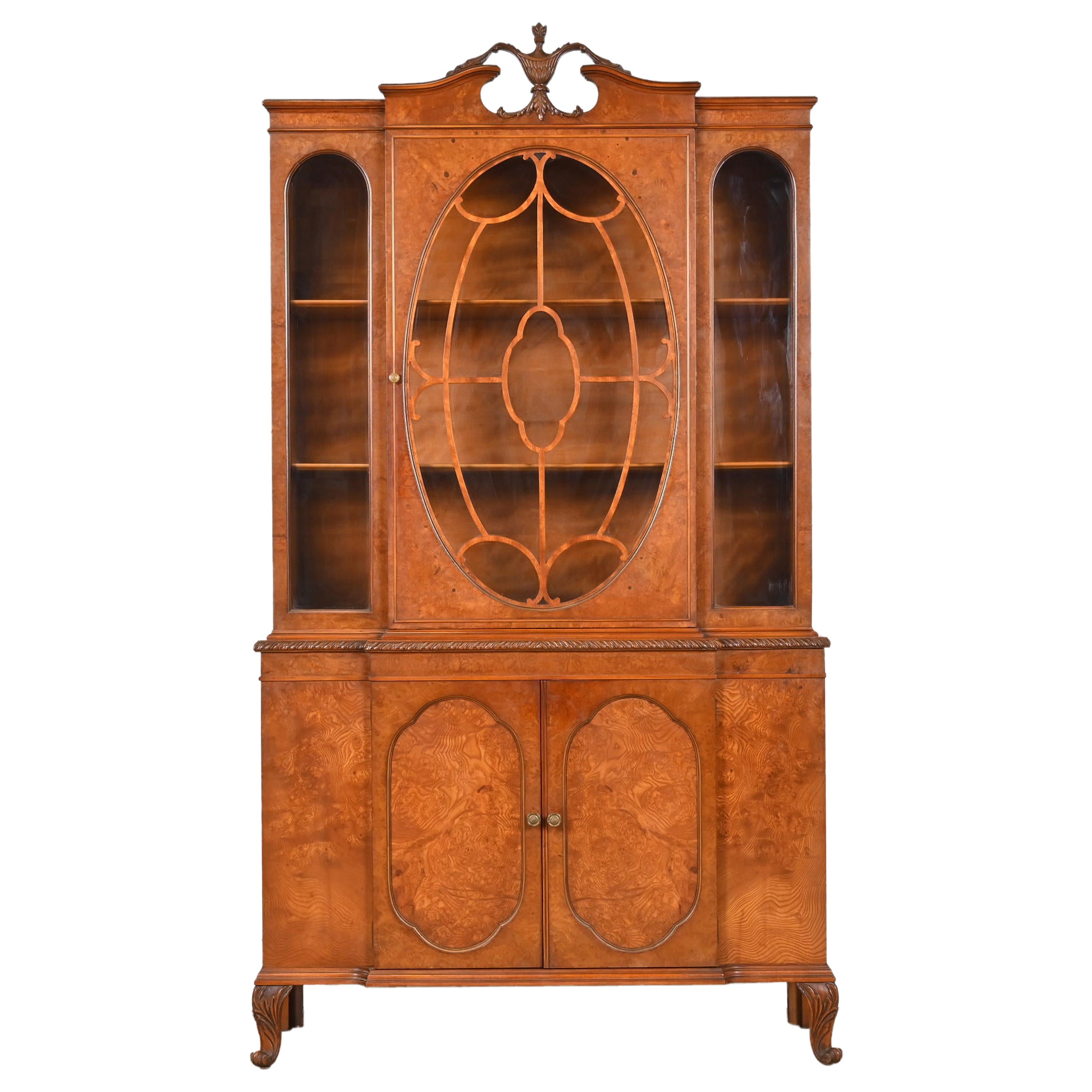 Romweber French Provincial Louis XV Burl Wood Breakfront Bookcase Cabinet, 1920s