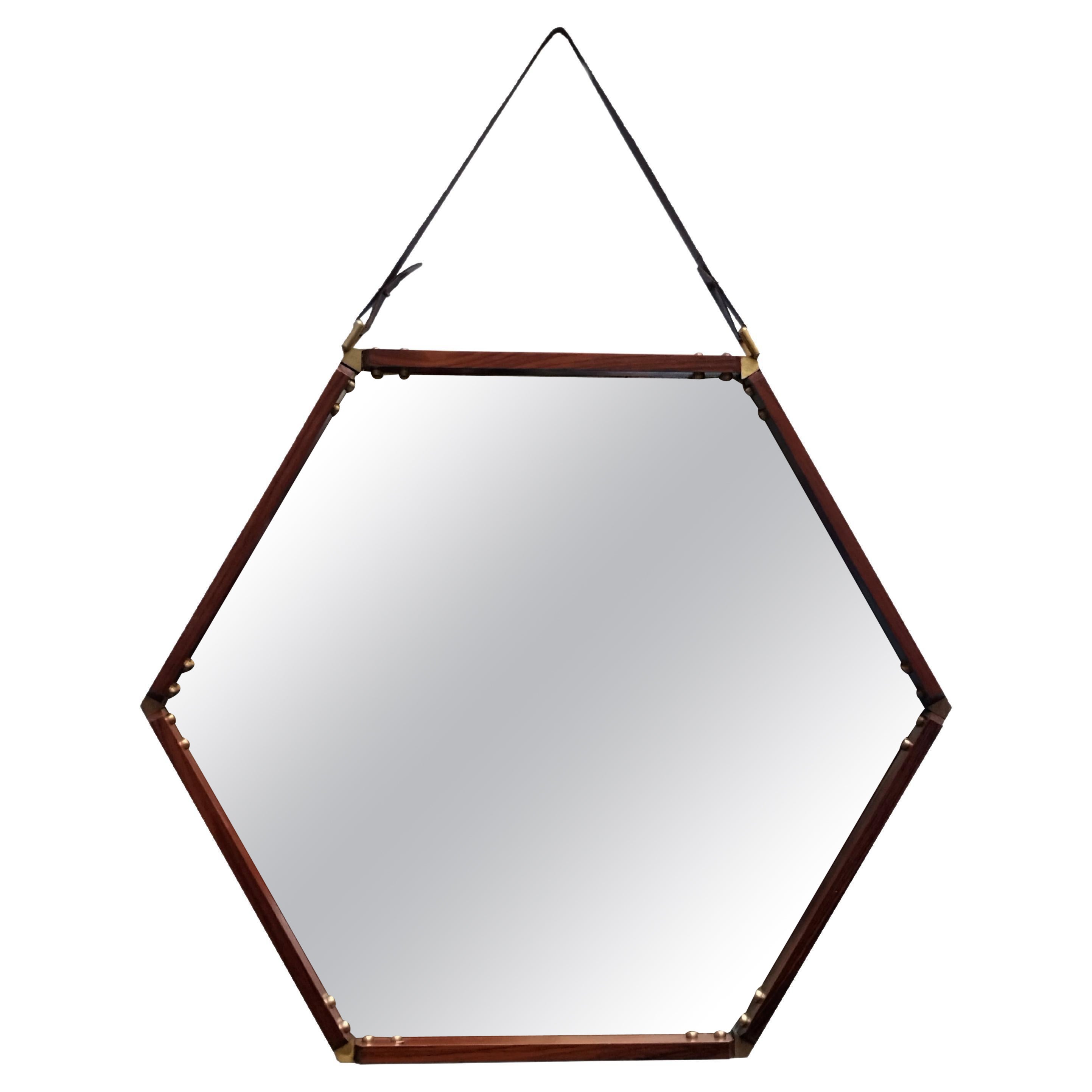 Hexagonal Wall Mirror in Wood, Leather and Brass Details, Italy 1960s