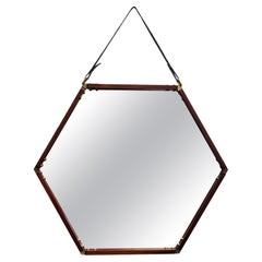 Vintage Hexagonal Wall Mirror in Wood, Leather and Brass Details, Italy 1960s