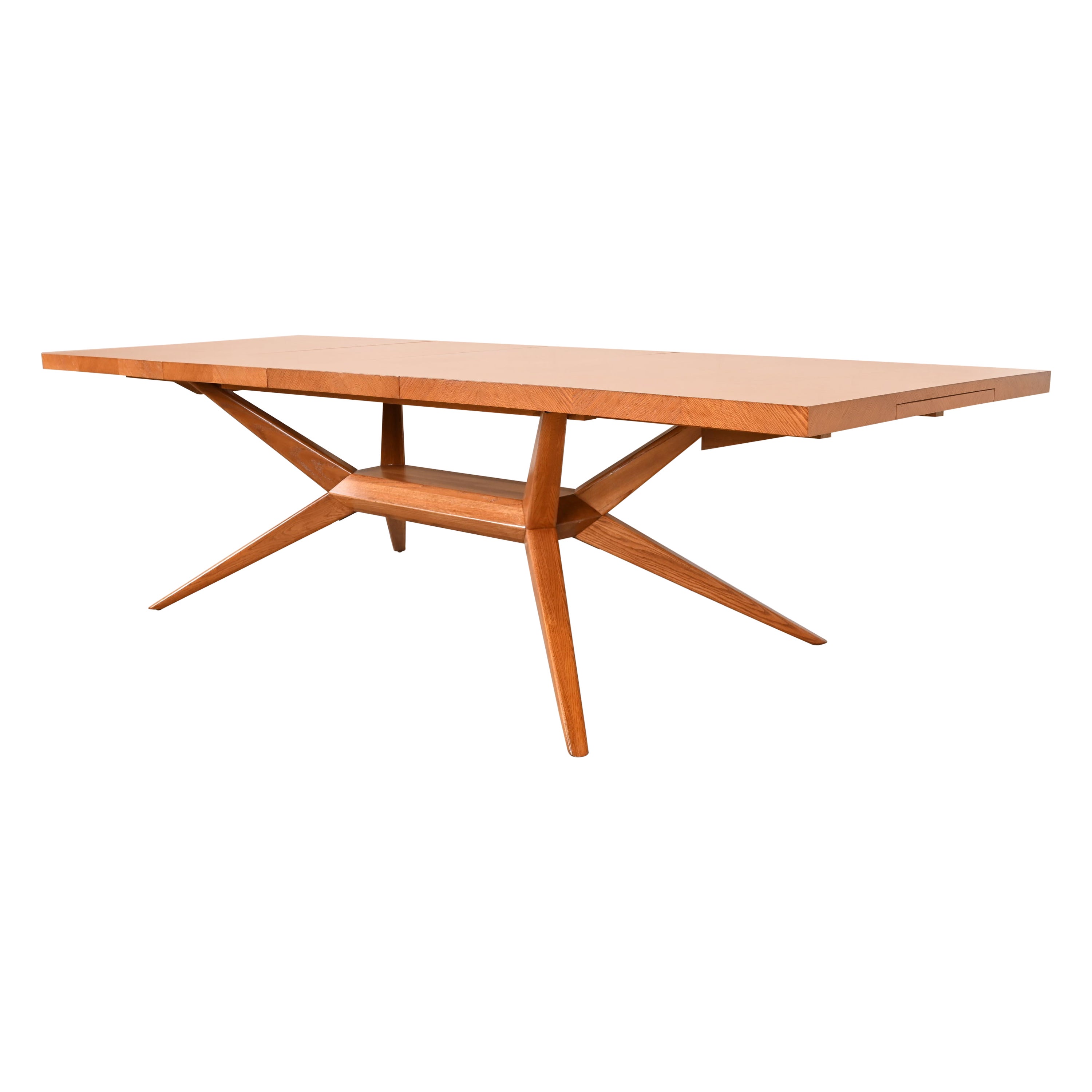 Romweber Mid-Century Modern Oak Spider Leg Dining Table, Newly Refinished For Sale
