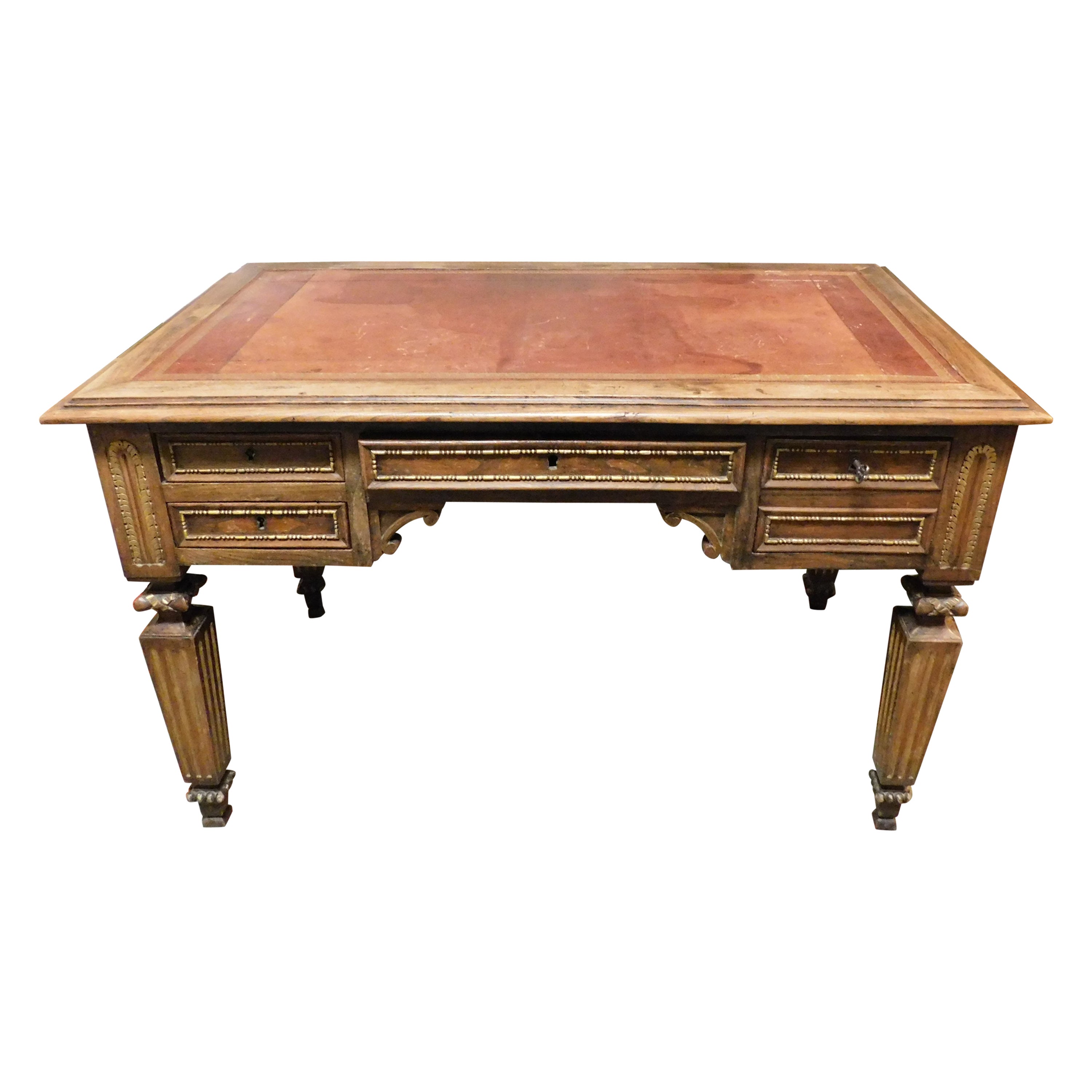 Carved empire desk, in walnut with opening side shelves, Italy For Sale