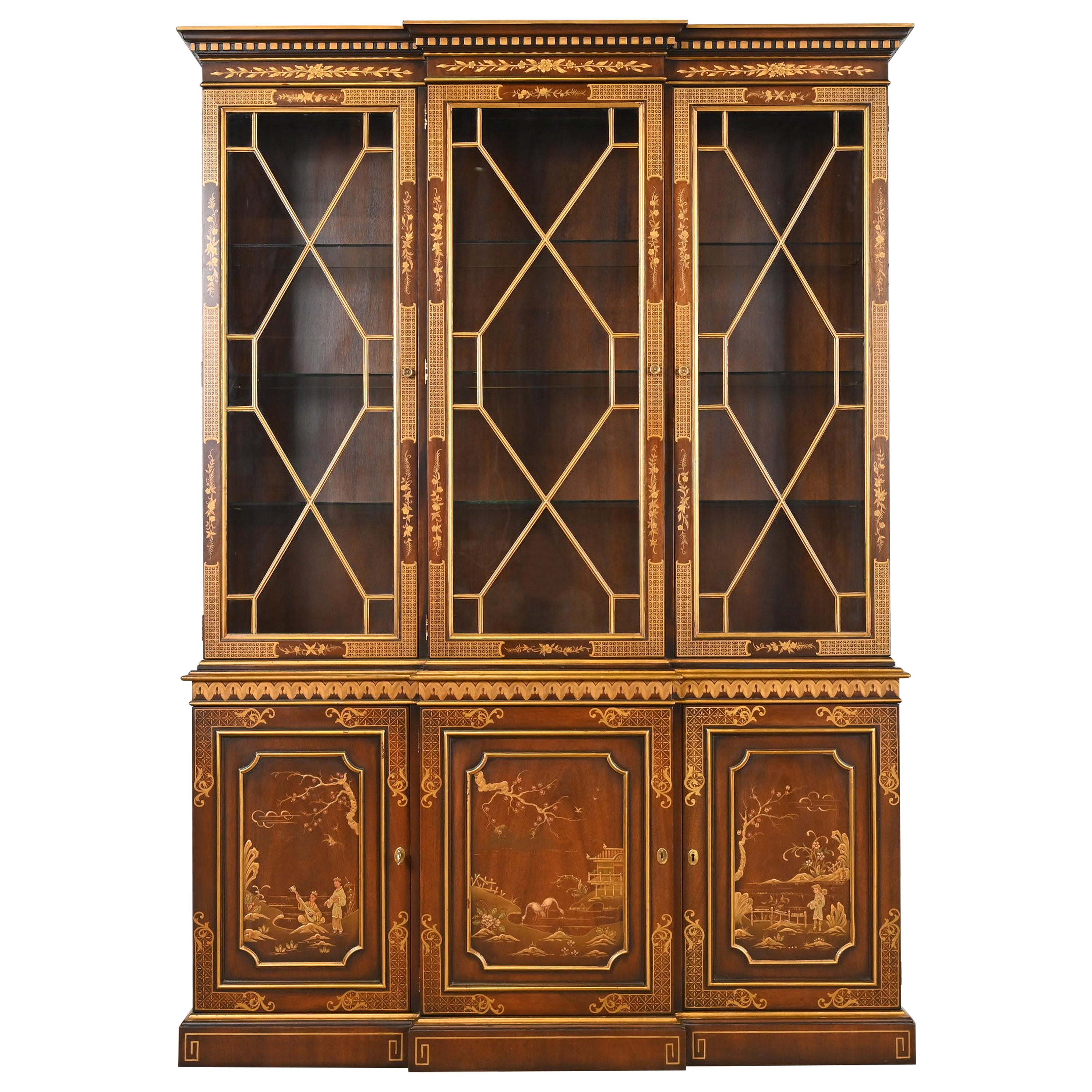 Kindel Furniture Georgian Chinoiserie Mahogany Breakfront Bookcase Cabinet For Sale