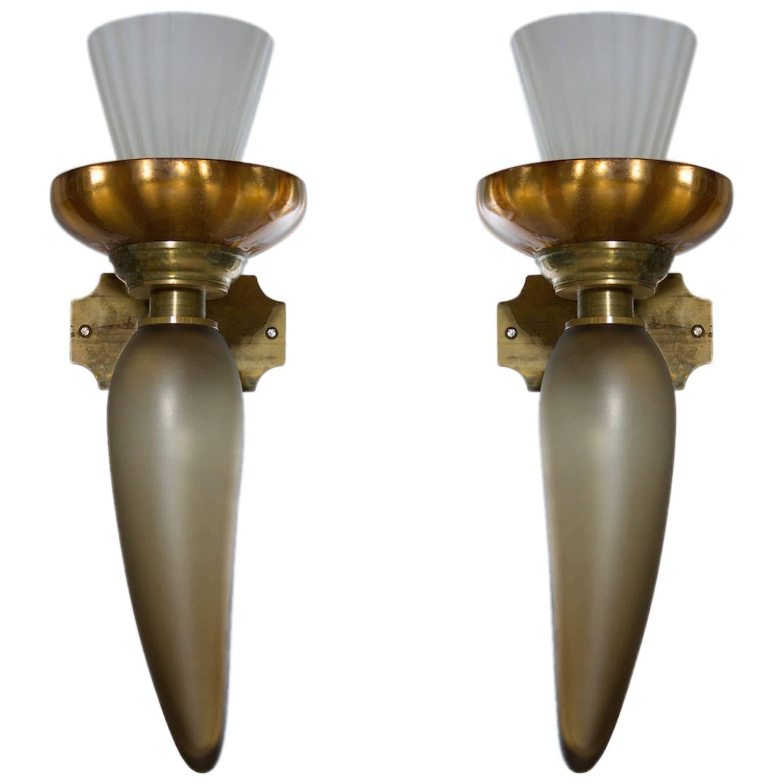 Italian Pair of Sconces in blown Murano Glass gree and gold 1950s