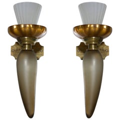 Italian Pair of Sconces in blown Murano Glass gree and gold 1950s