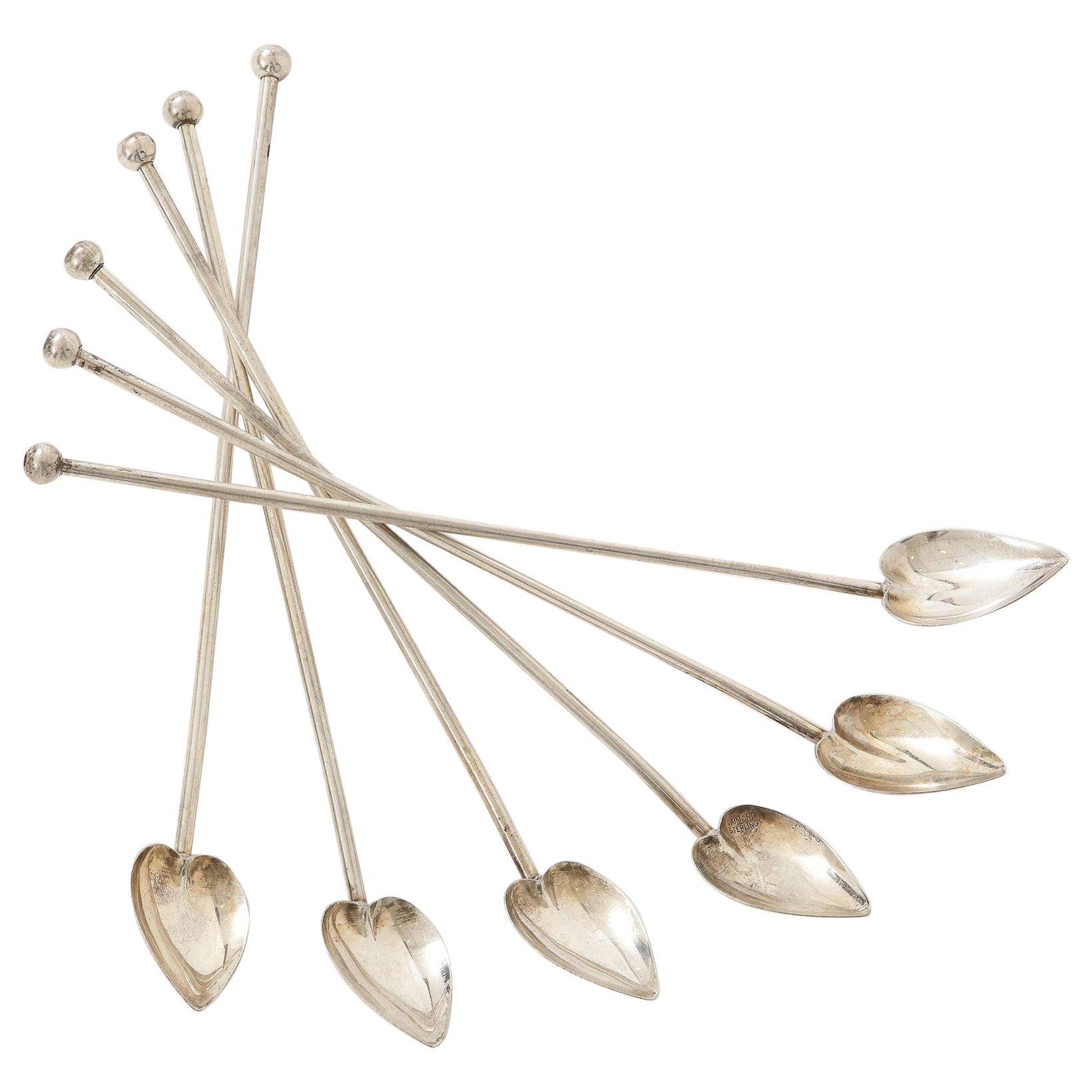 6 Sterling Silver Cocktail Heart Shaped Spoons/Straws For Sale