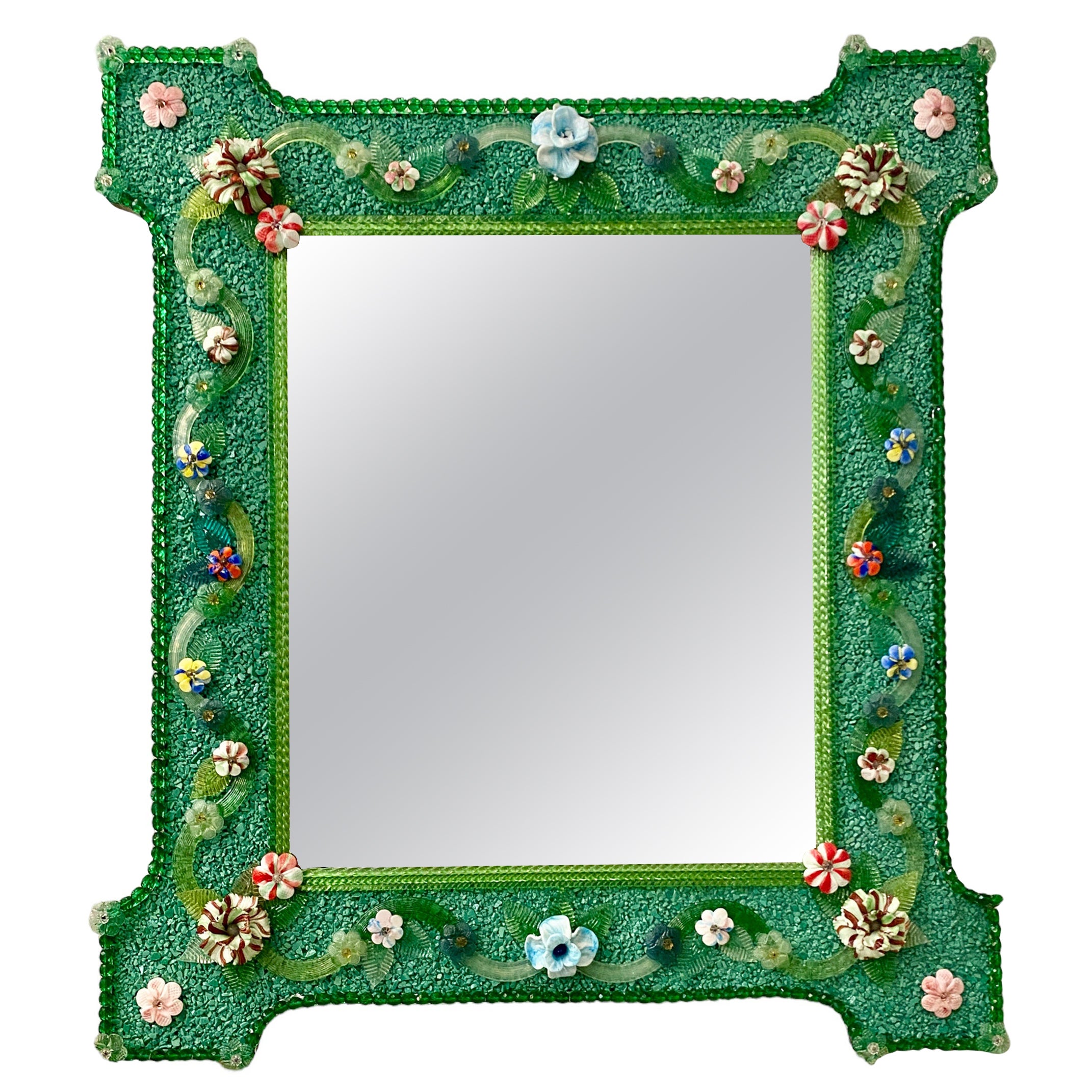 Enchanting Venetian Murano Glass Mirror with Multicolor Flowers For Sale