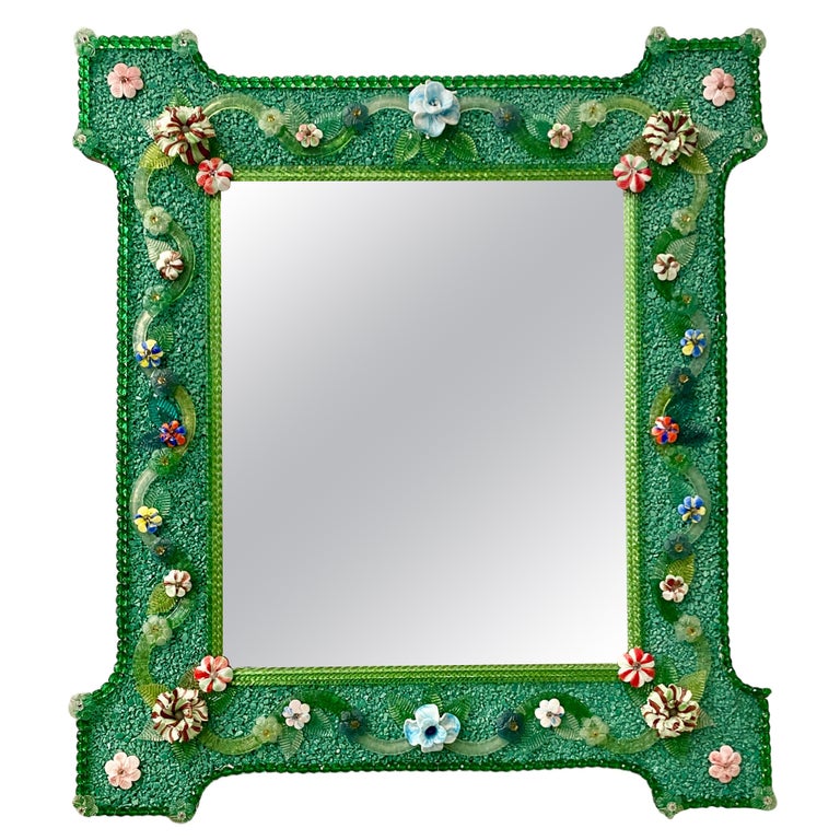 Venetian Murano Glass Mirror with Multicolor Flowers, New