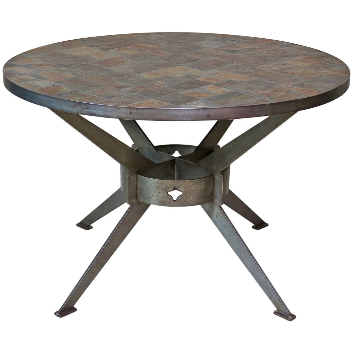 Large Brushed Steel Slate-Top Table, France, circa 1970s For Sale