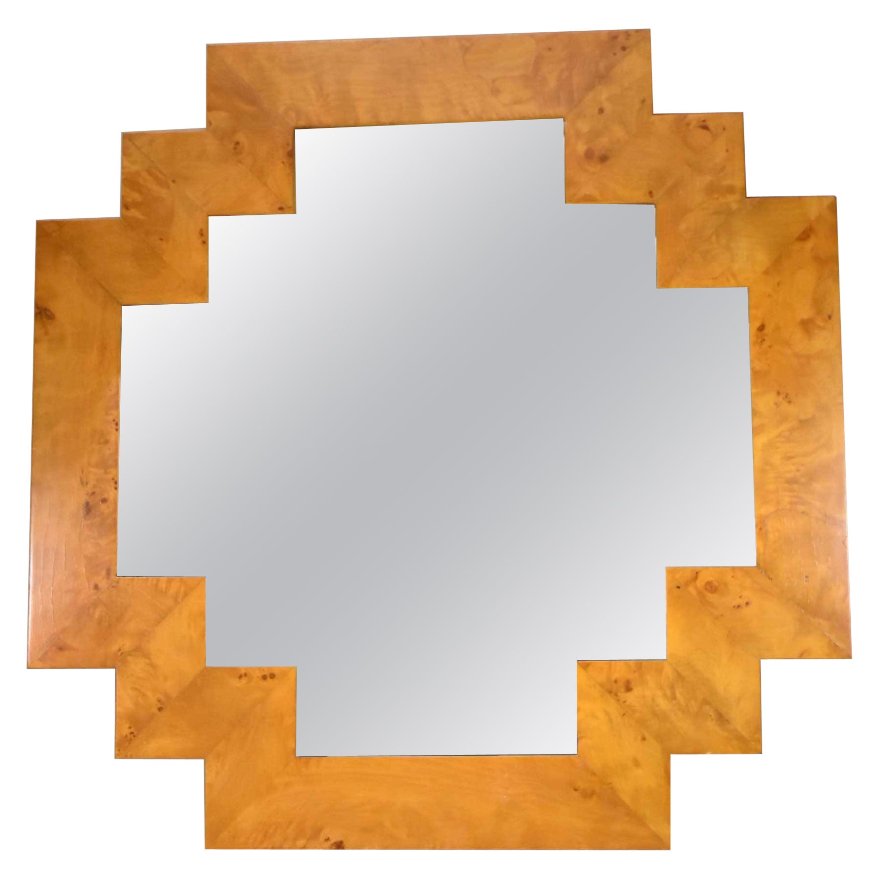 Geometric Italian Burl Wood Modern Wall Mirror For Sale