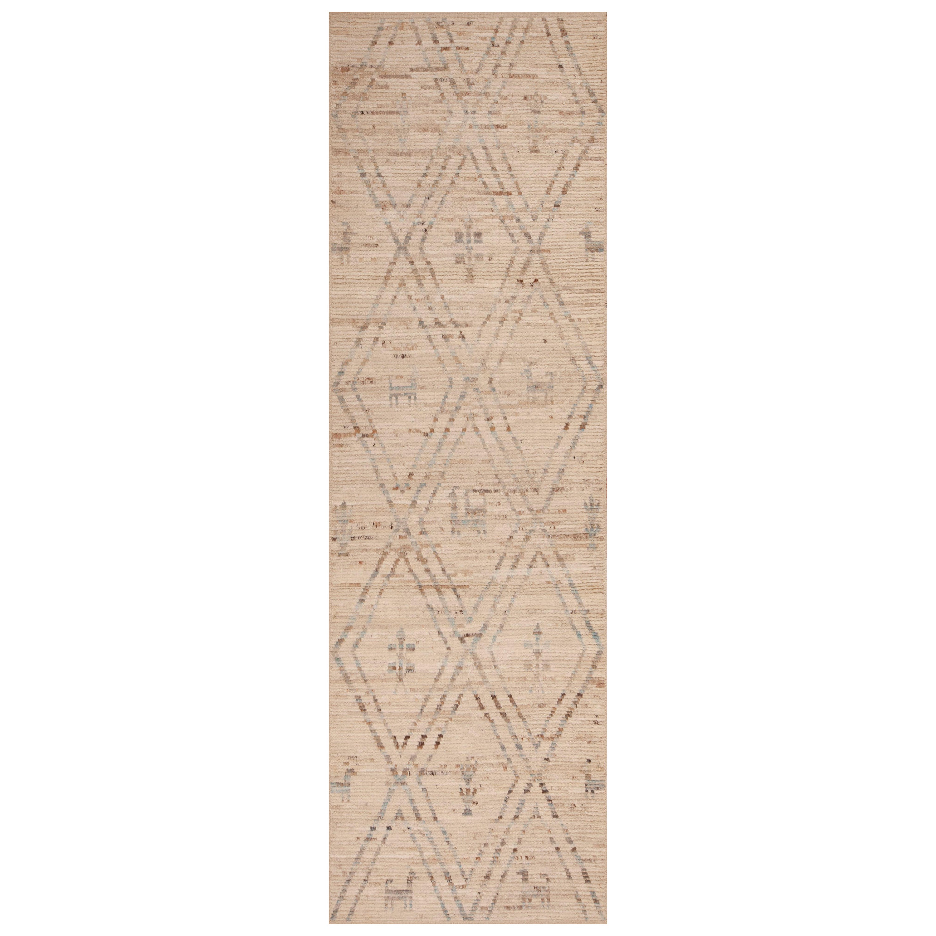 Nazmiyal Collection Geometric Primitive Motif Modern Runner Rug 3'5" x 11'7" For Sale