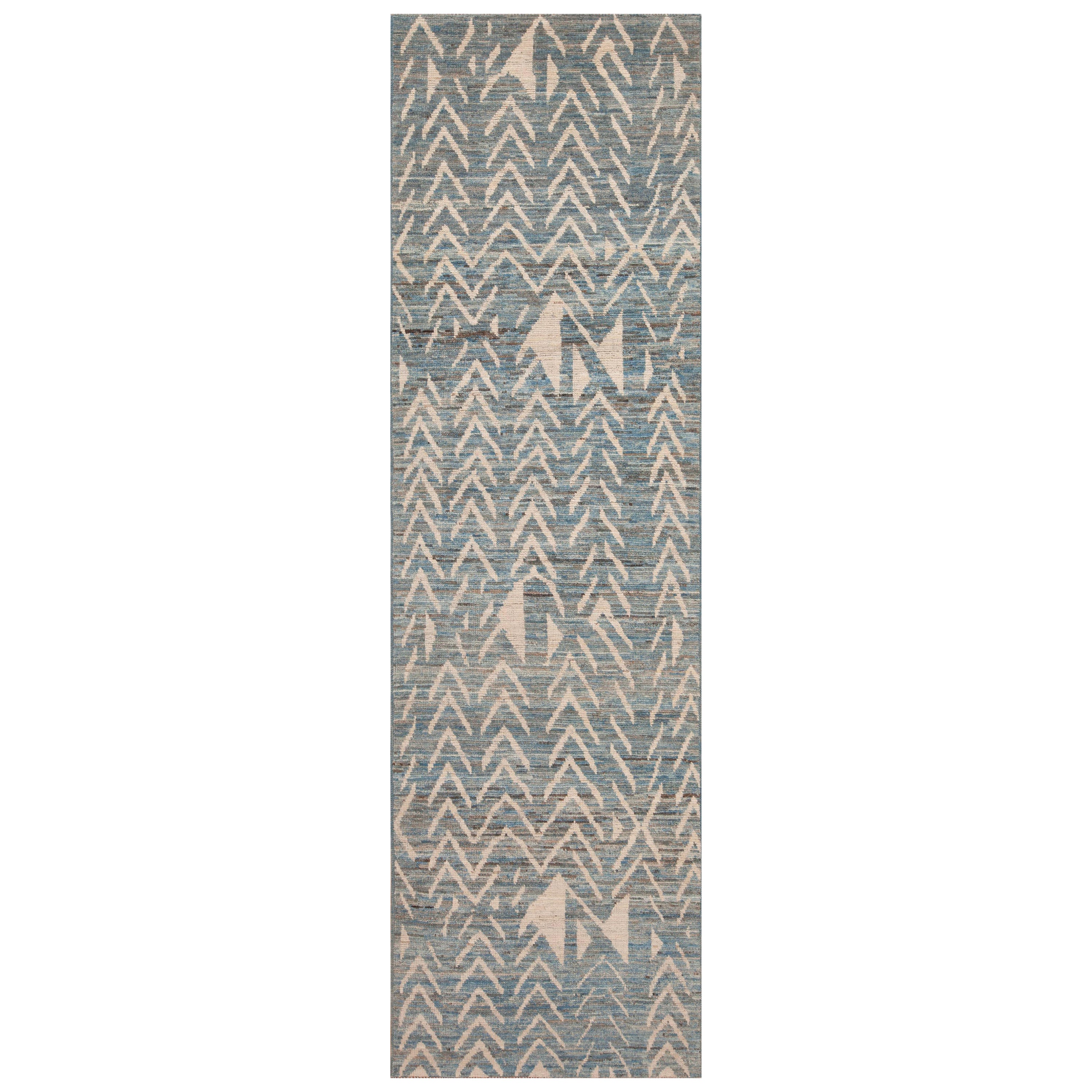Nazmiyal Collection Blue Abrash and Tribal Geometric Ivory Modern Rug 3' x 10'8" For Sale