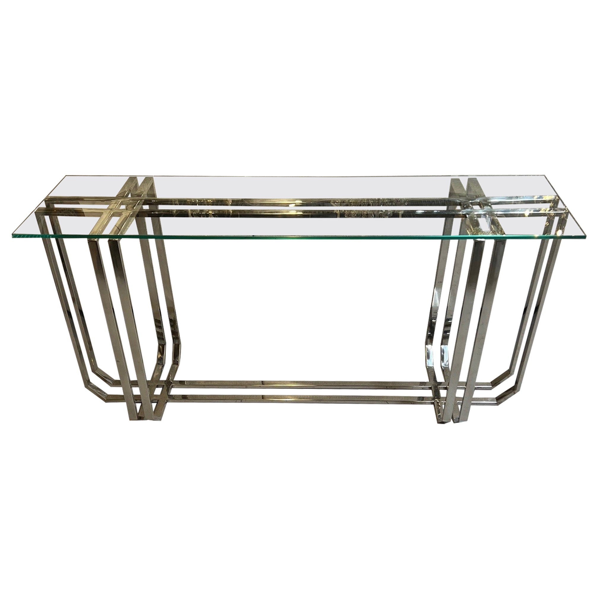 Modern Style Nickel Console with Clear Glass Top 