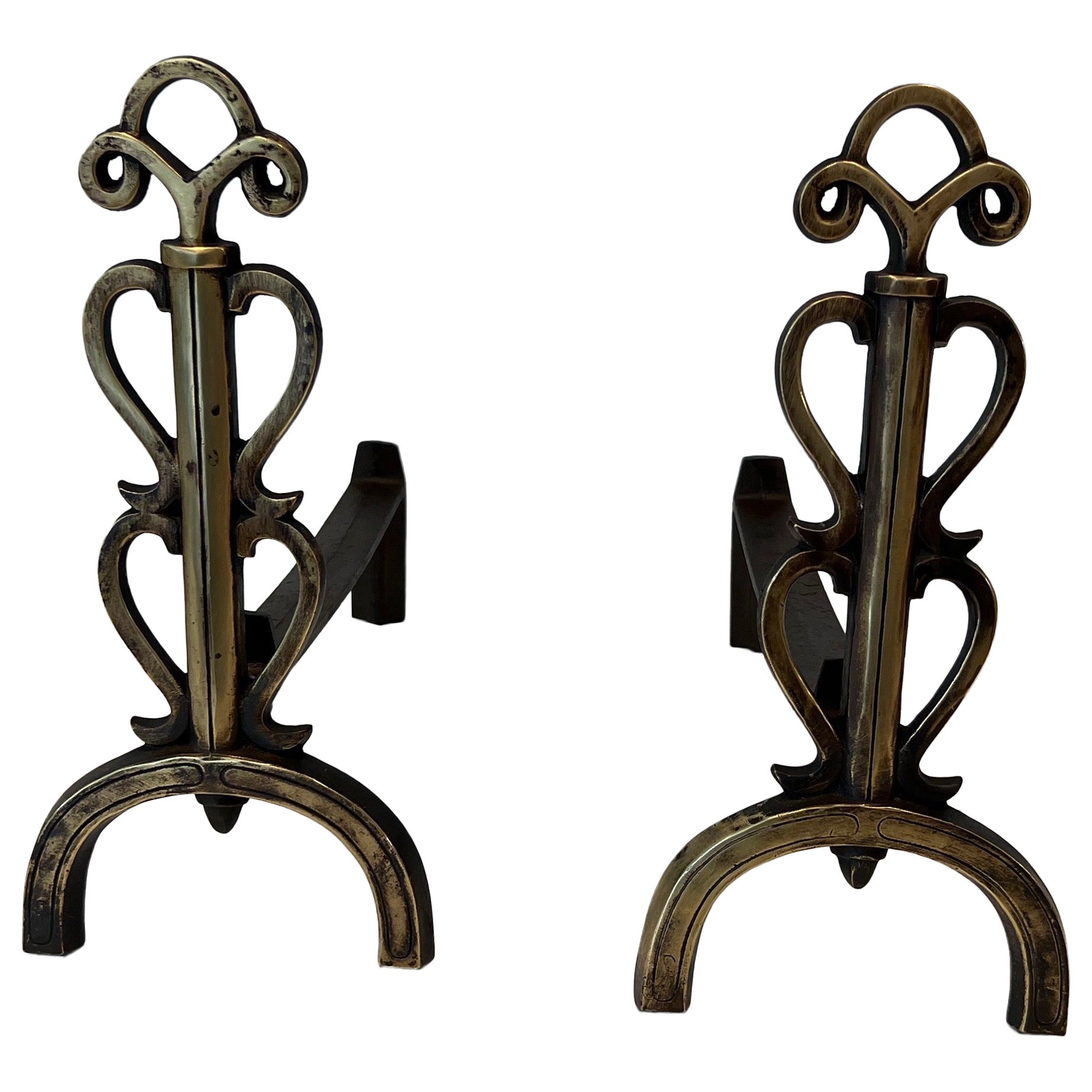 Pair of Brass Andirons in the Style of Raymond Subes For Sale